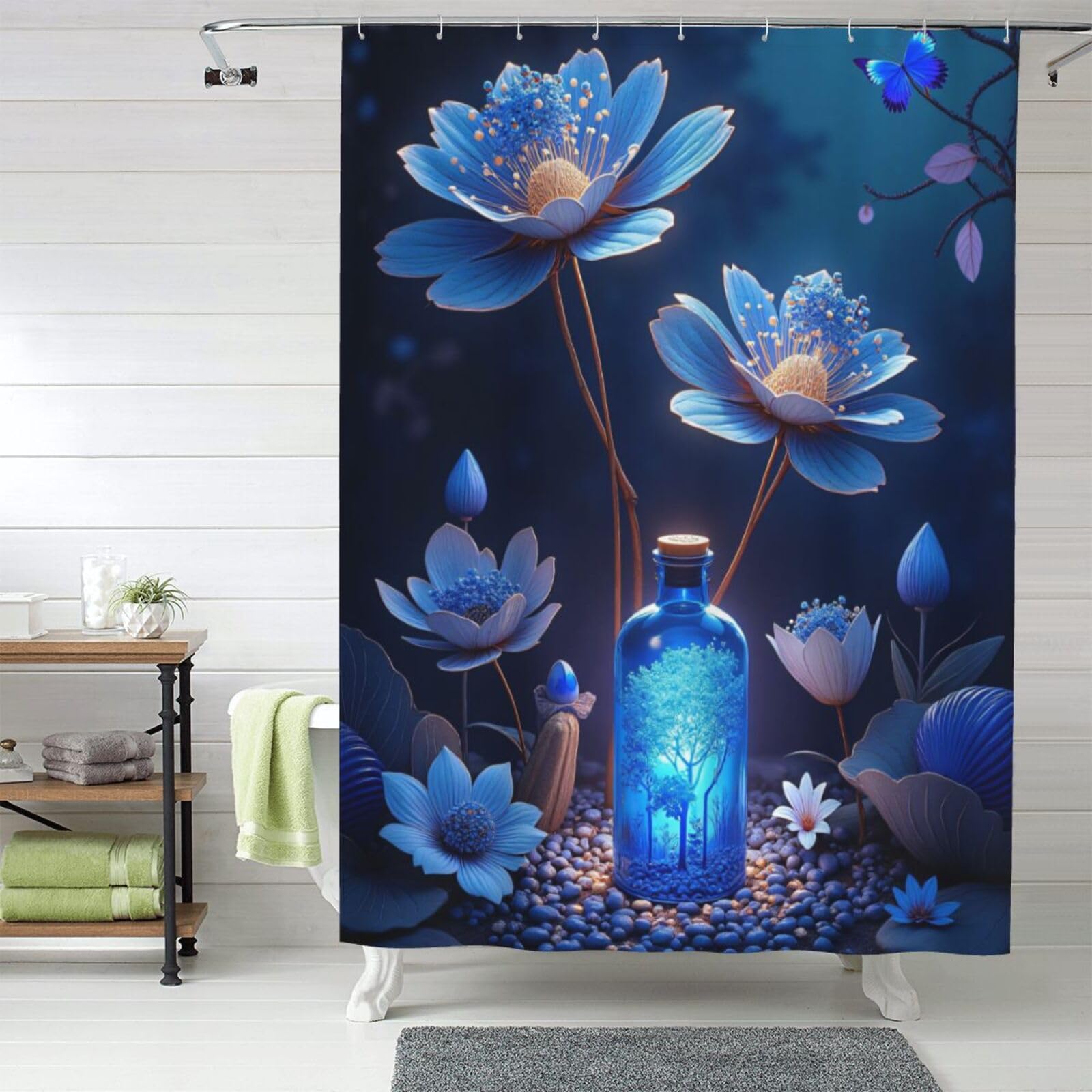 Rideau de douche fleur papillon pour salle de bain bucolique