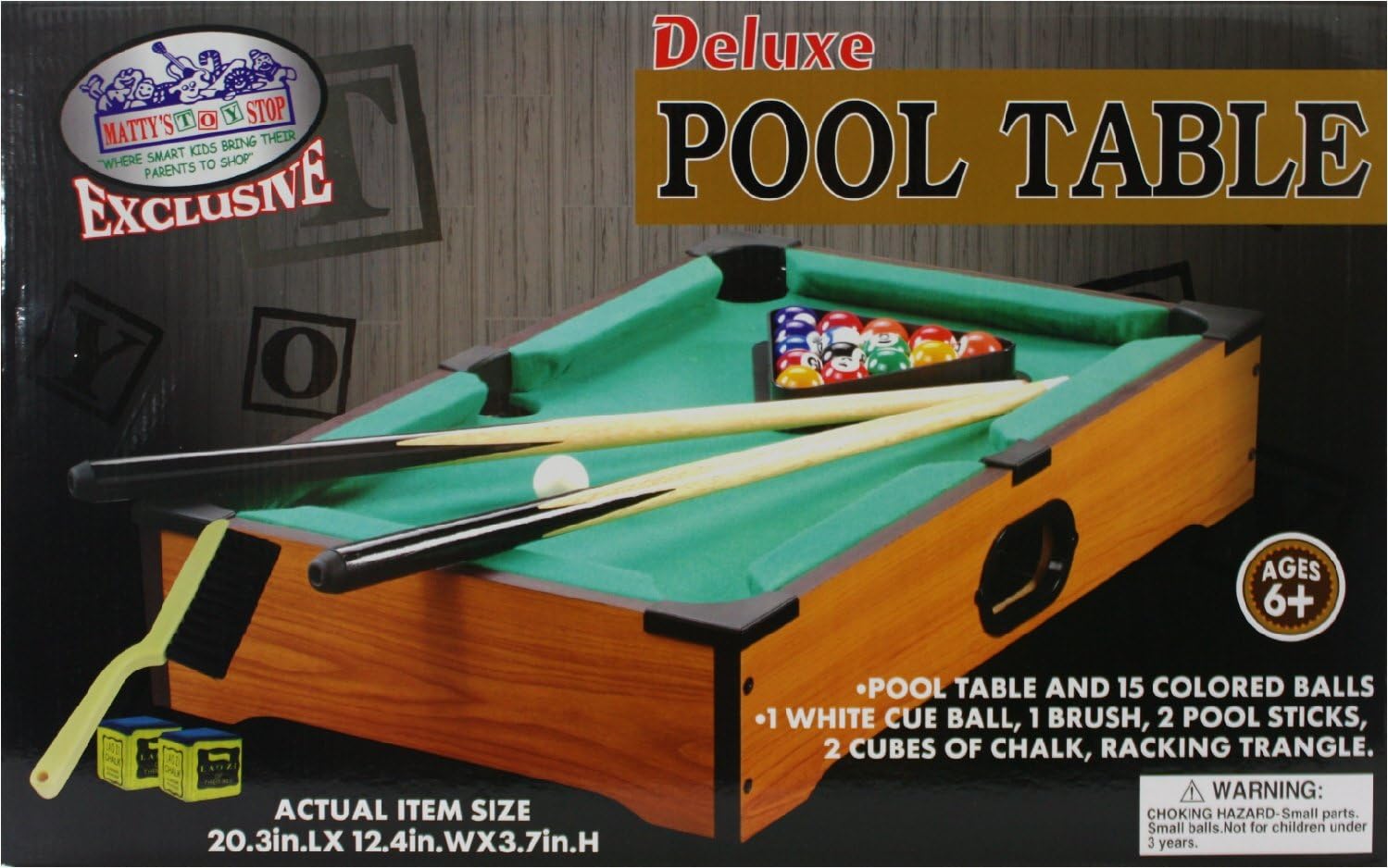 Matty's Toy Stop Deluxe 20" Wooden Table Top Pool (Billiards) Table with 15 Colored Balls, 1 Cue Ball, 1 Brush, 2 Pool Sticks, 2 Cubes of Chalk & Racking Triangle
