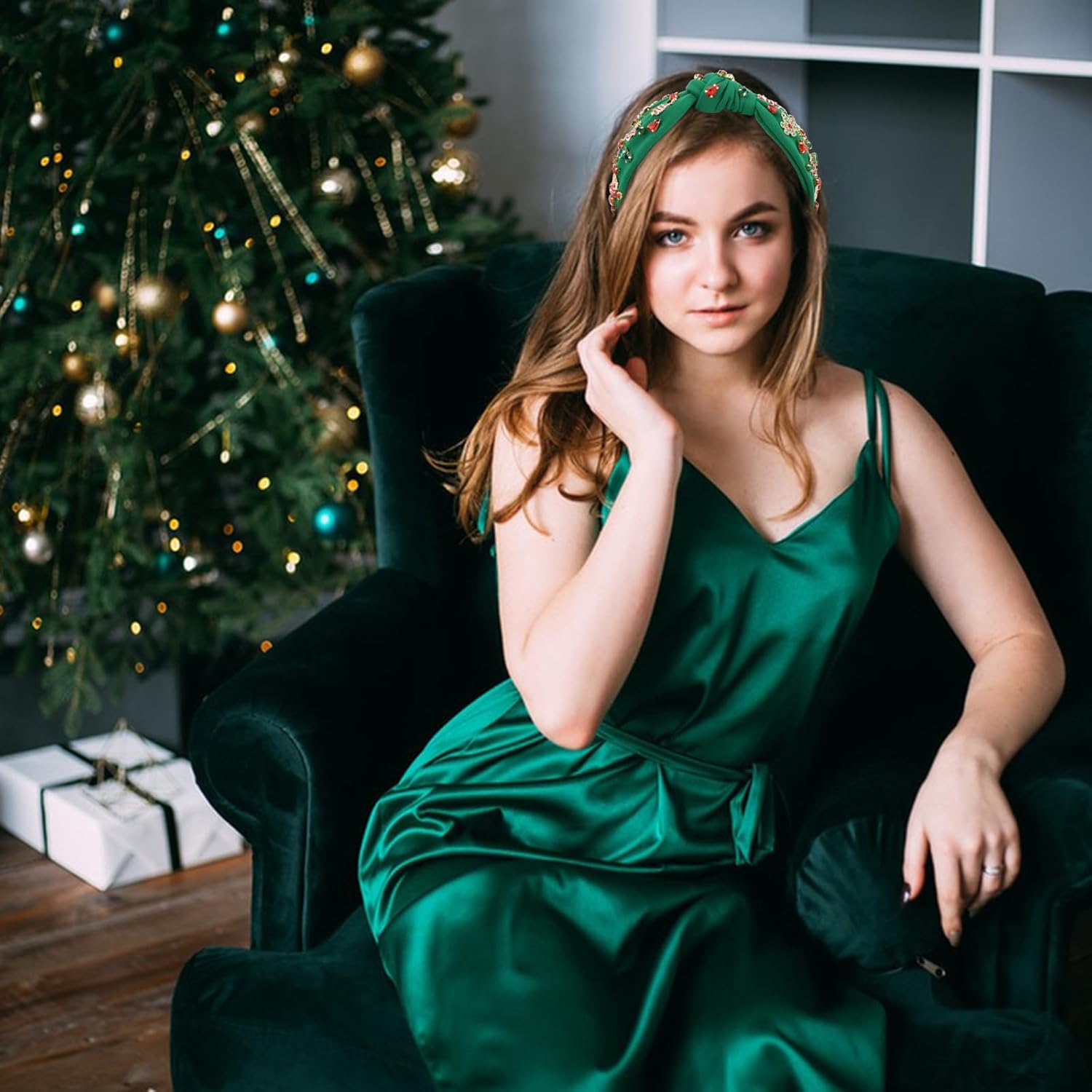 Christmas Headband for Women Wide Snowflake Knotted Christmas Headband with Crystals Jeweled Crystal Xmas Hairband Holiday Accessories Gift for Women(Green) - Image 5