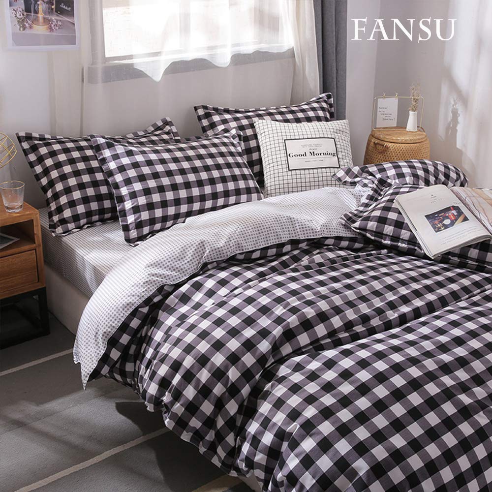 Fansu Juego de Ropa de Cama 4 Piezas, Incluye Moderno Nórdico Microfibra 1 Cremallera Funda Nórdica de Edredón 1 Colcha de Cama o Sábana 2 Fundas de Almohada (150x200cm-1.5M,Retro a Cuadros Negro)