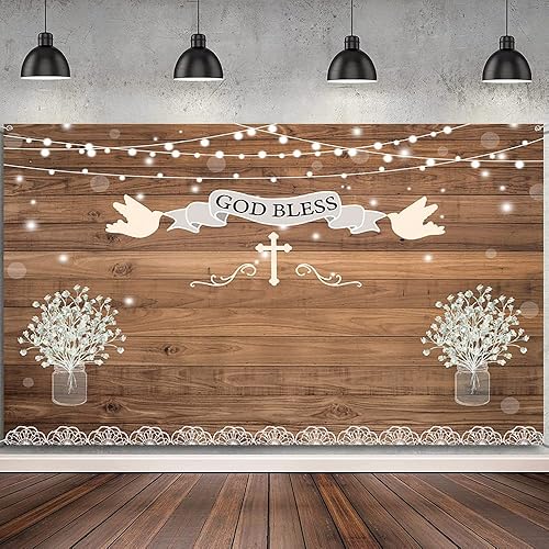 Miniatura 2 de Leyiyi Telón de fondo de 5 x 3 pies con diseño de cruz de bautismo de comunión con diseño de cruz de madera rústica, fondo de fotografía, flores