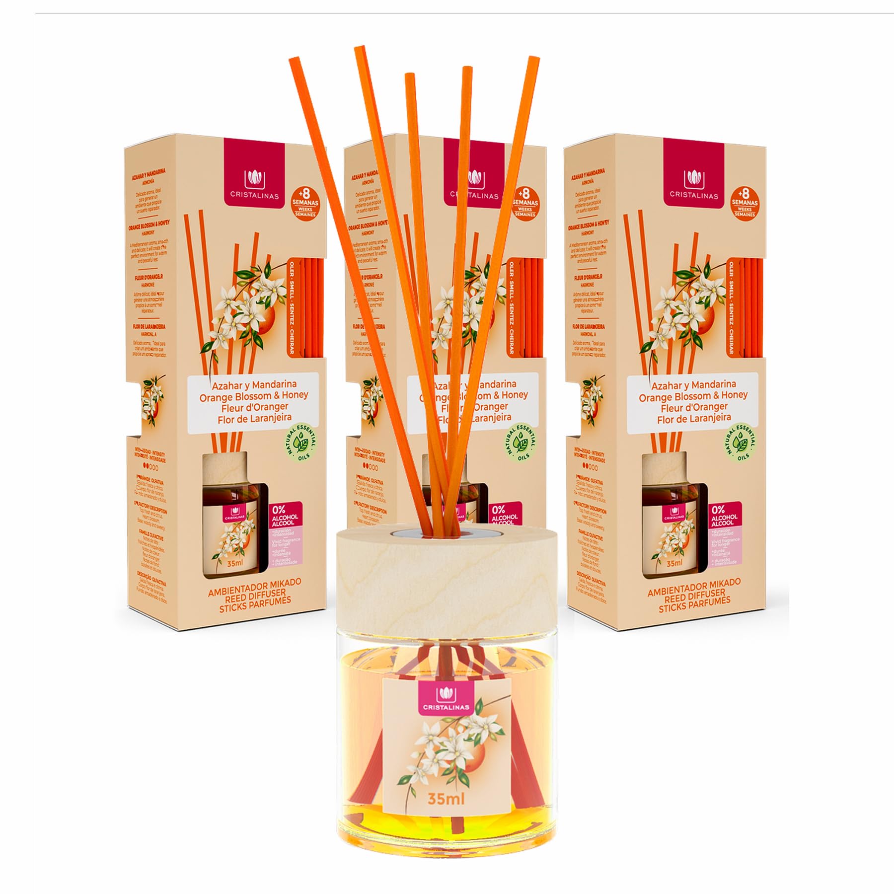 Cristalinas 35ml - Orange Blossom - Reed Diffusers for Home - Fragrance Lasts up to 8 weeks - Room Diffuser Sticks with Coloured Fragrance Oil
