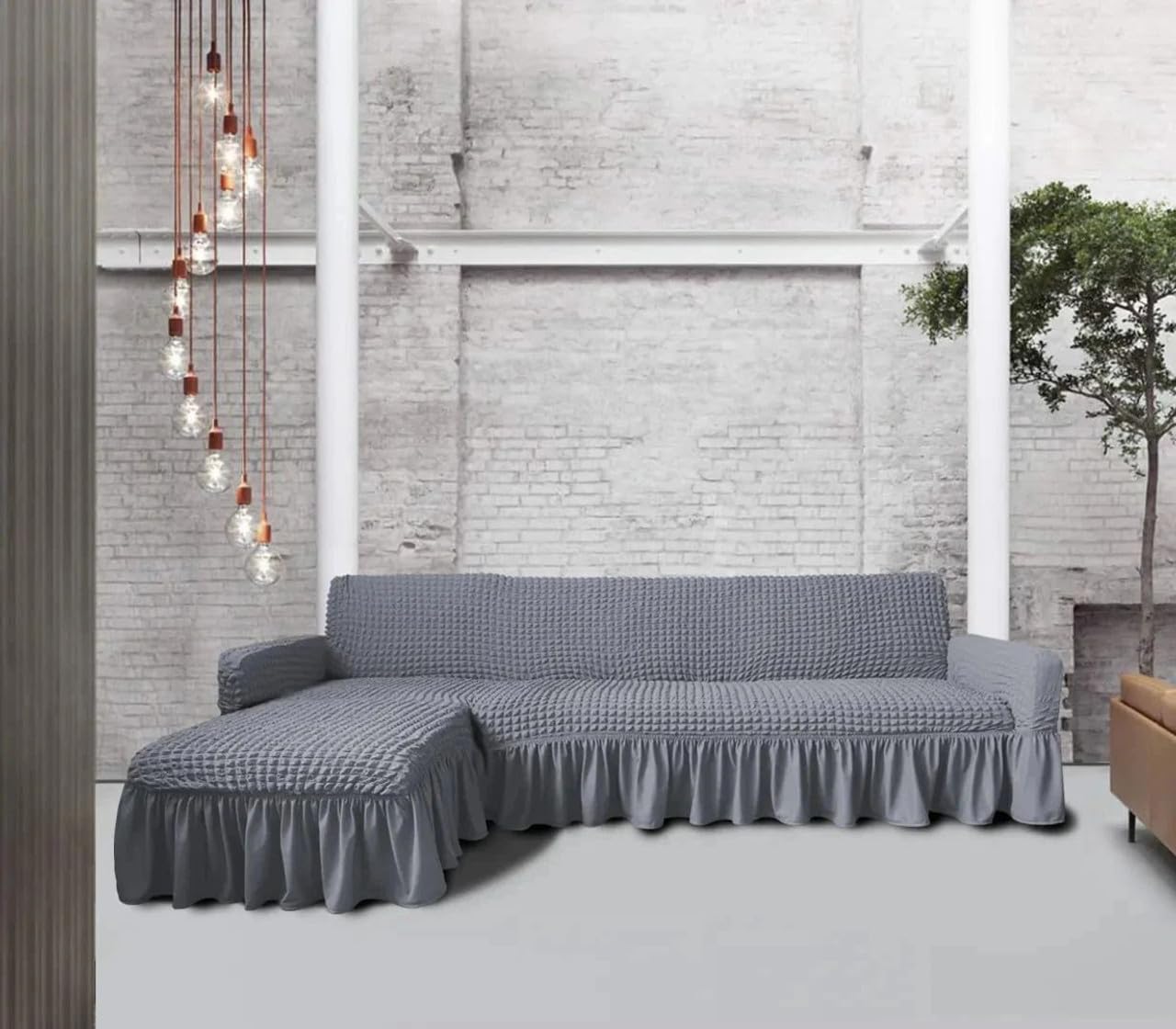 Elastic Stretchable Turkish Bubble Sofa Cover with Skirt –Washable High-Elastic Polyester & Spandex Furniture Slipcover with Frill Design (Ash Grey, L Shape (3+2))-image-22