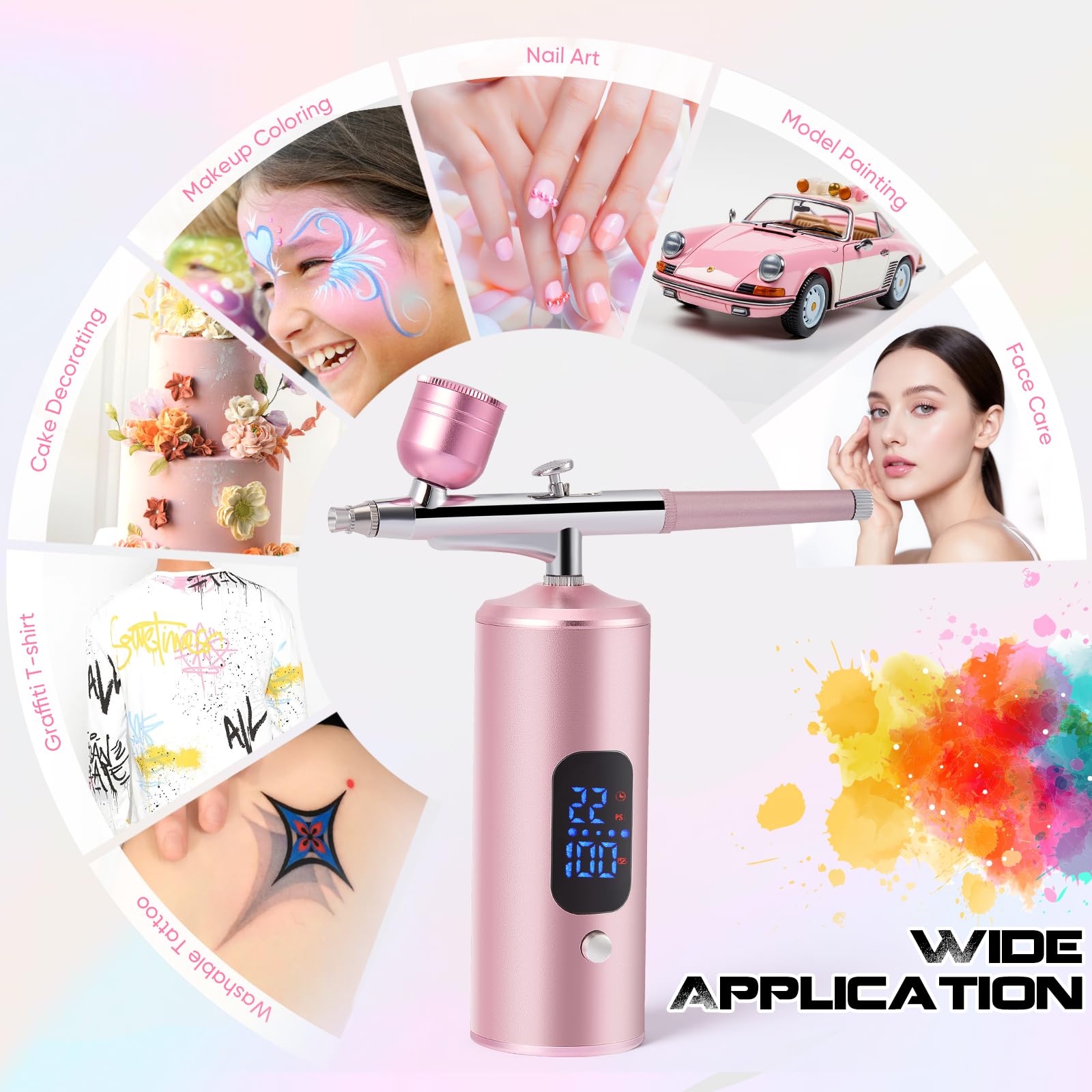 Kit aerografo con compressore, completamente senza fili con batteria, aerografo a 3 livelli fino a 38 PSI per torte, unghie, modellismo e body painting (Rosa)