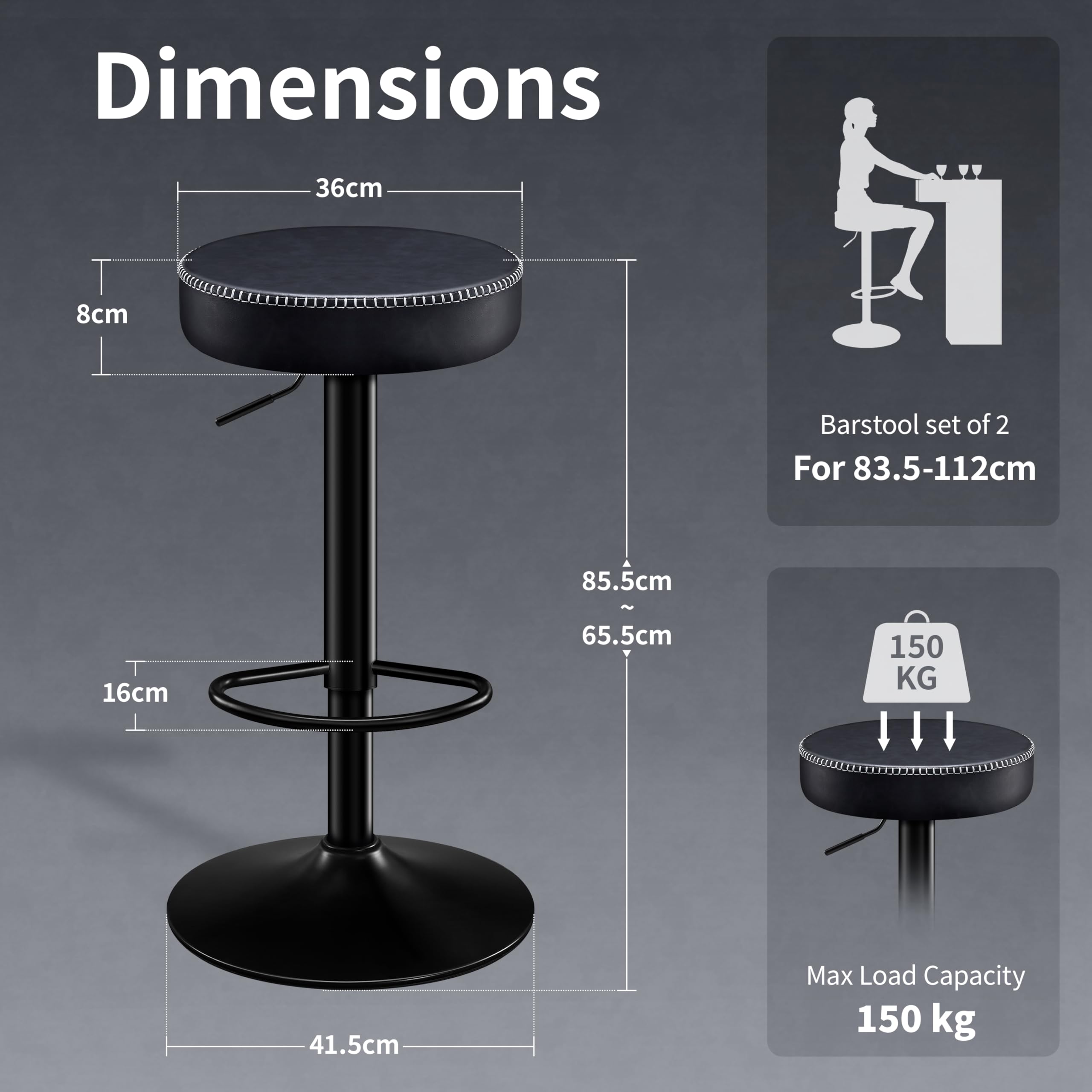 STOOLINK Taburetes de Bar Requlable en Altura, Taburete Cocina Juego de 2, Taburete Alto Cuero de Microfibra, Taburete de Bar con Reposapiés, Taburetes Cocina 150kg para Comedor, Mostrador-Negro