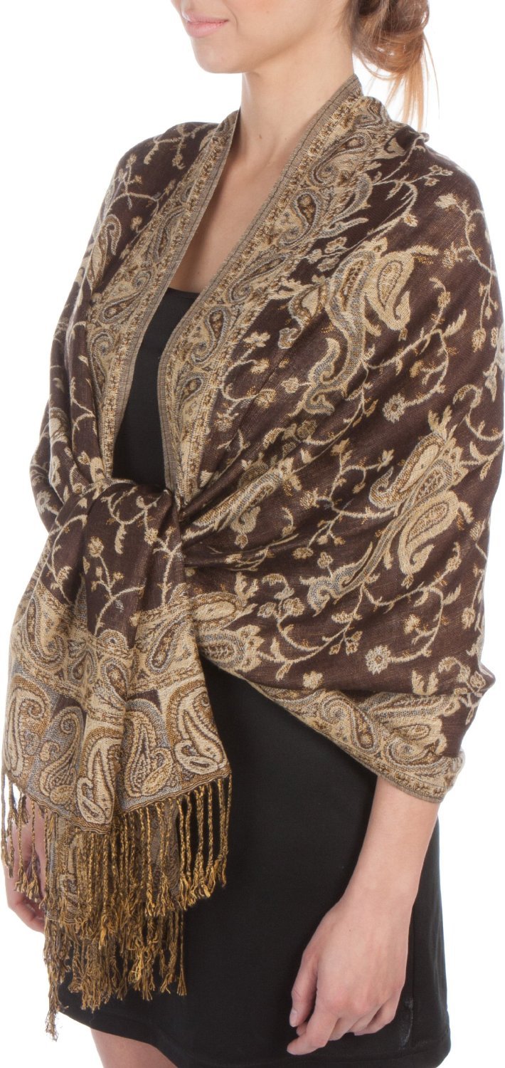 Sakkas Women's Chocolate Brown / Gold Double Layer Jacquard Paisley Pashmina Shawl/Wrap / Stole, One Size,