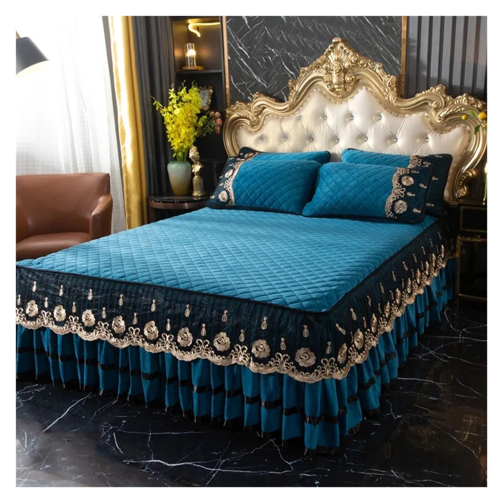 Falda de Cama Falda de Cama Gruesa Lana y Leche for Invierno, Juego Tres Piezas, Colcha algodón Acolchada, Forro Polar Coral, clásico con Cristal(Colour8,3 Pcs 200cmx220cm)