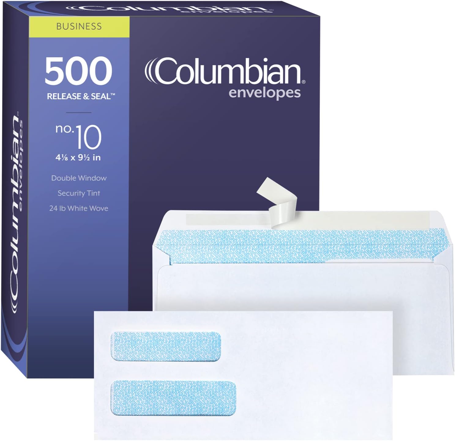 Columbian #10 Security Envelopes, 500 Pack, Double Window Self Seal Envelopes for Invoices, QuickBooks Checks and Business Mailings, 4-1/8 x 9-1/2 Inches, Durable 24 lb White Paper