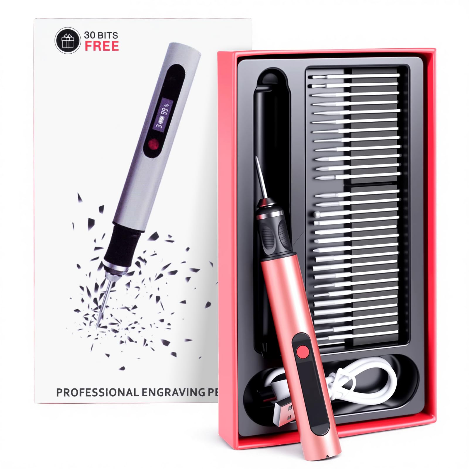 Customizer Kit de stylo de gravure sans fil rechargeable avec 3 vitesses, outil de gravure pour métal, bois, verre, cuir, stylo de gravure portable, rose