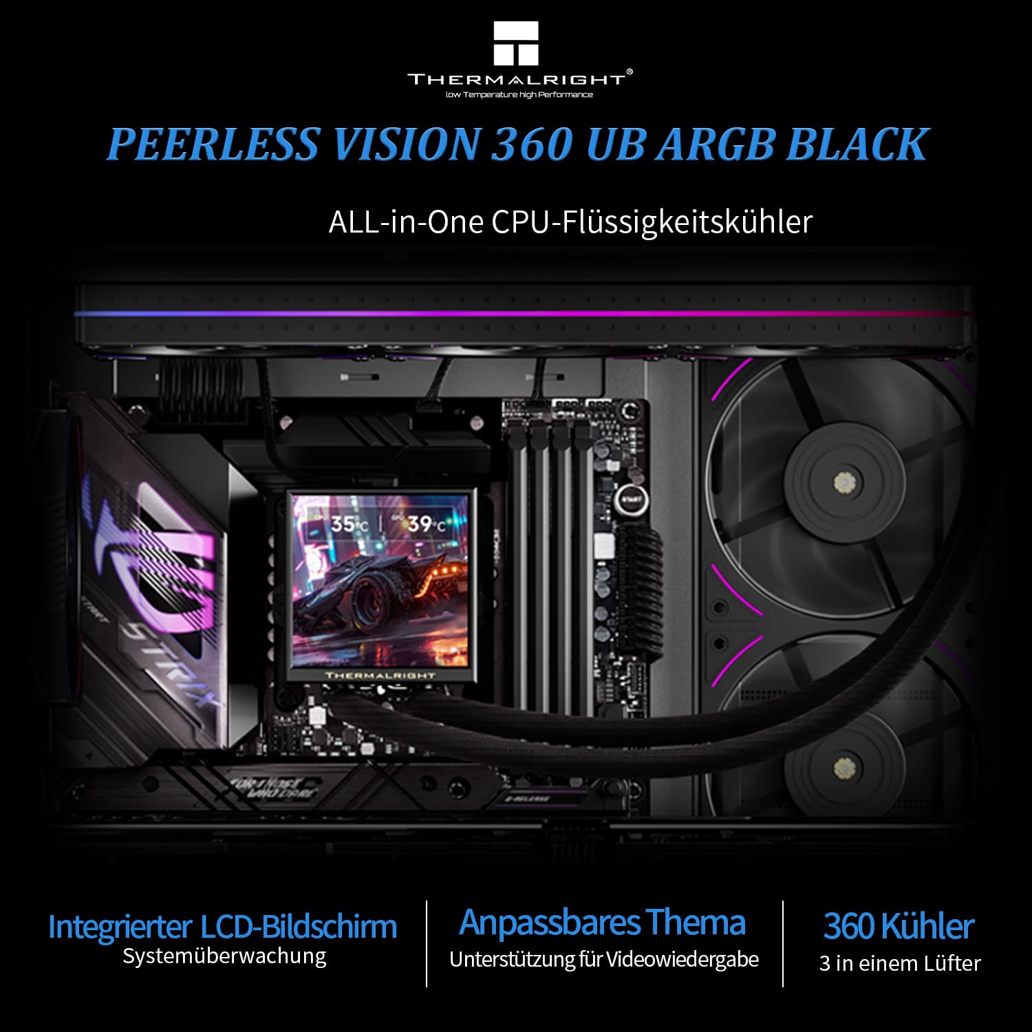 TR Peerless Vision 360 UB ARGB Black CPU, 3 ventole in linea, schermo LCD IPS con risoluzione 480 x 480, per Intel LGA1851/1700, AM4/AM5, display da 3,95 pollici