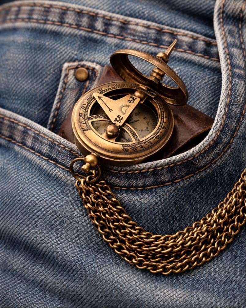 Brass Sundial Pocket Compass with Leather Case & Chain – Vintage Antique Style Push Button Compass – Handmade Nautical Gift for Men Women – Birthday Wedding Anniversary for Him Her