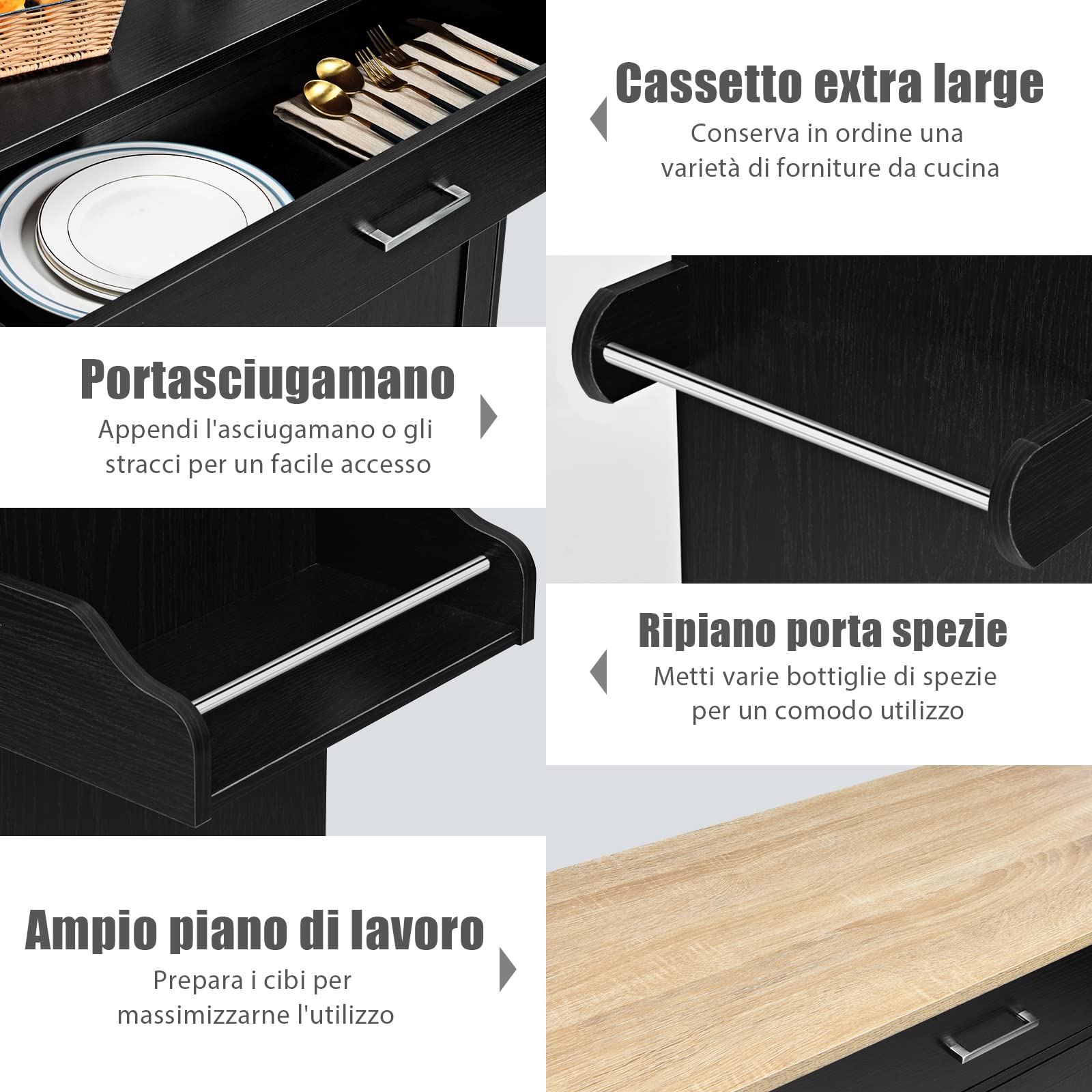 COSTWAY Carrello da Cucina con Ruote di Gomma, Scaffale per Microonde Carrello Servizio, Mobile Cucina con Ripiani e Ante, Credenza Cucina Legno Moderno Elegante, 116 x 37 x 85 cm (Nero)