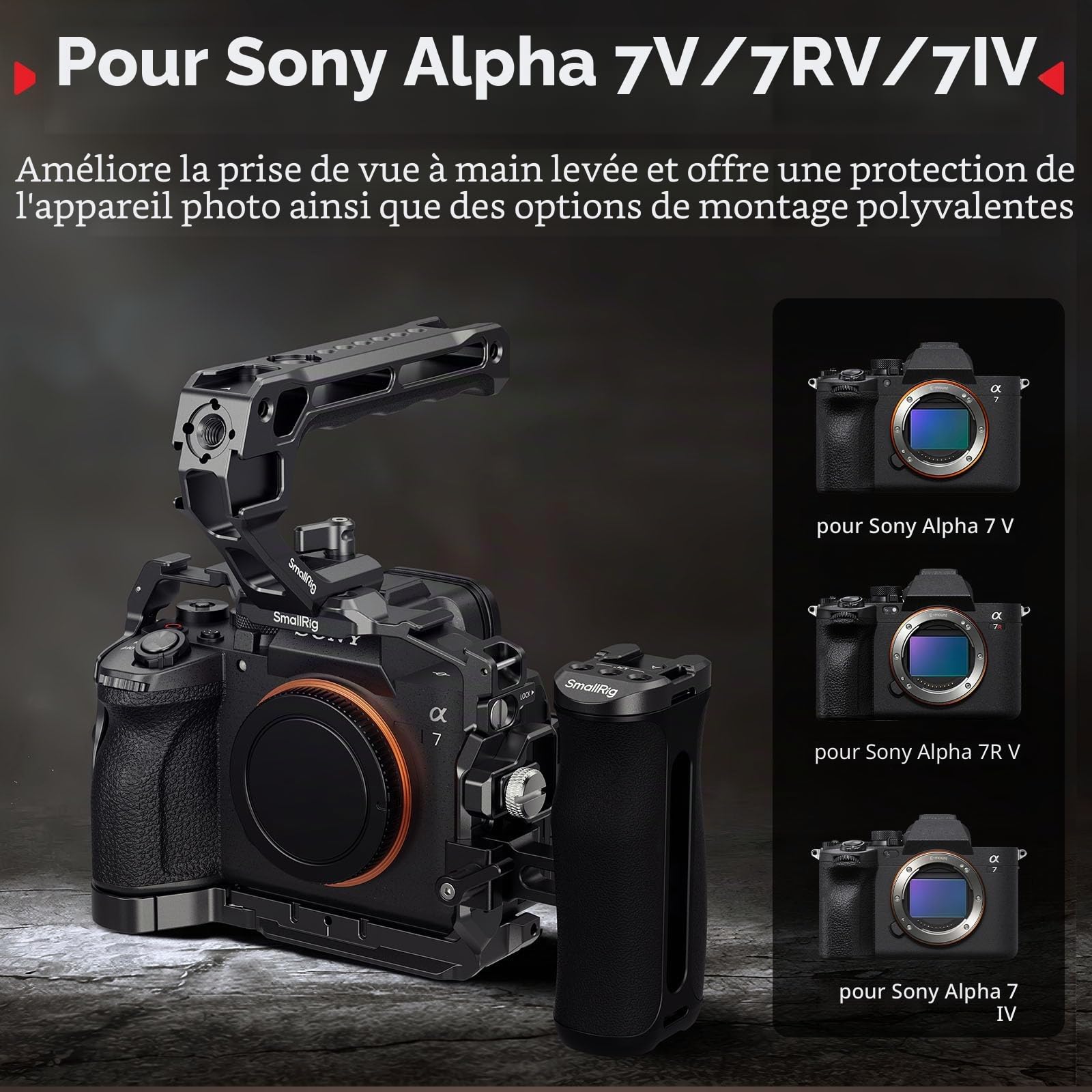 SMALLRIG A7 V Kit de Cage Advanced pour Sony Alpha 7 V/Alpha 7R V/Alpha 7 IV, avec Plaque de Dégagement Rapide pour Arca, avec Poignée Supérieure, Poignée Latérale et Serre-câble pour HDMI - 6026