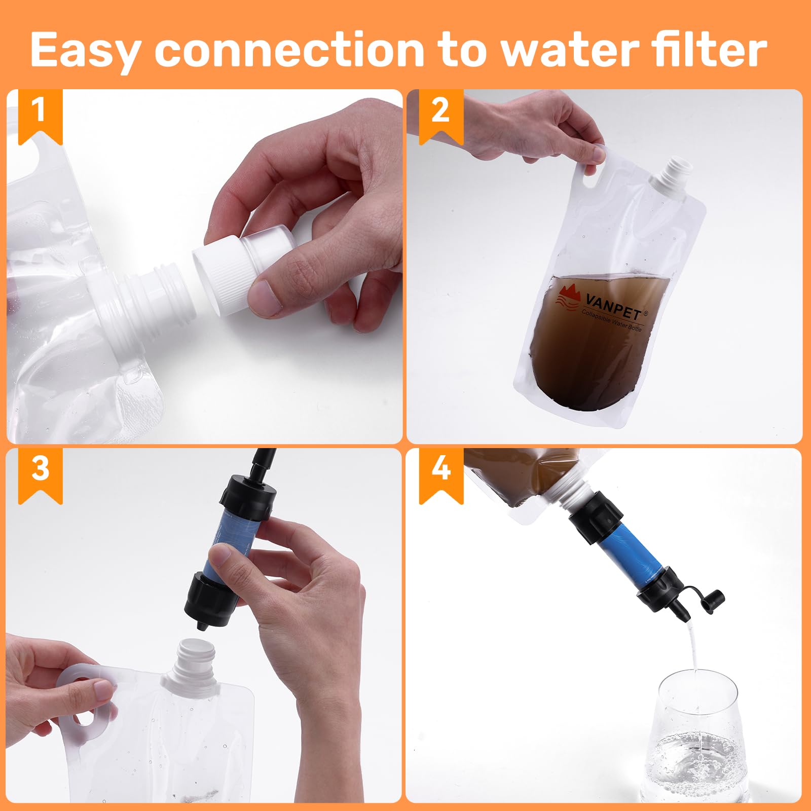 VANPET Faltbare Wasserflaschen, 1 l, BPA-frei, faltbar, für Reisen, Camping, Wandern, 4 Stück