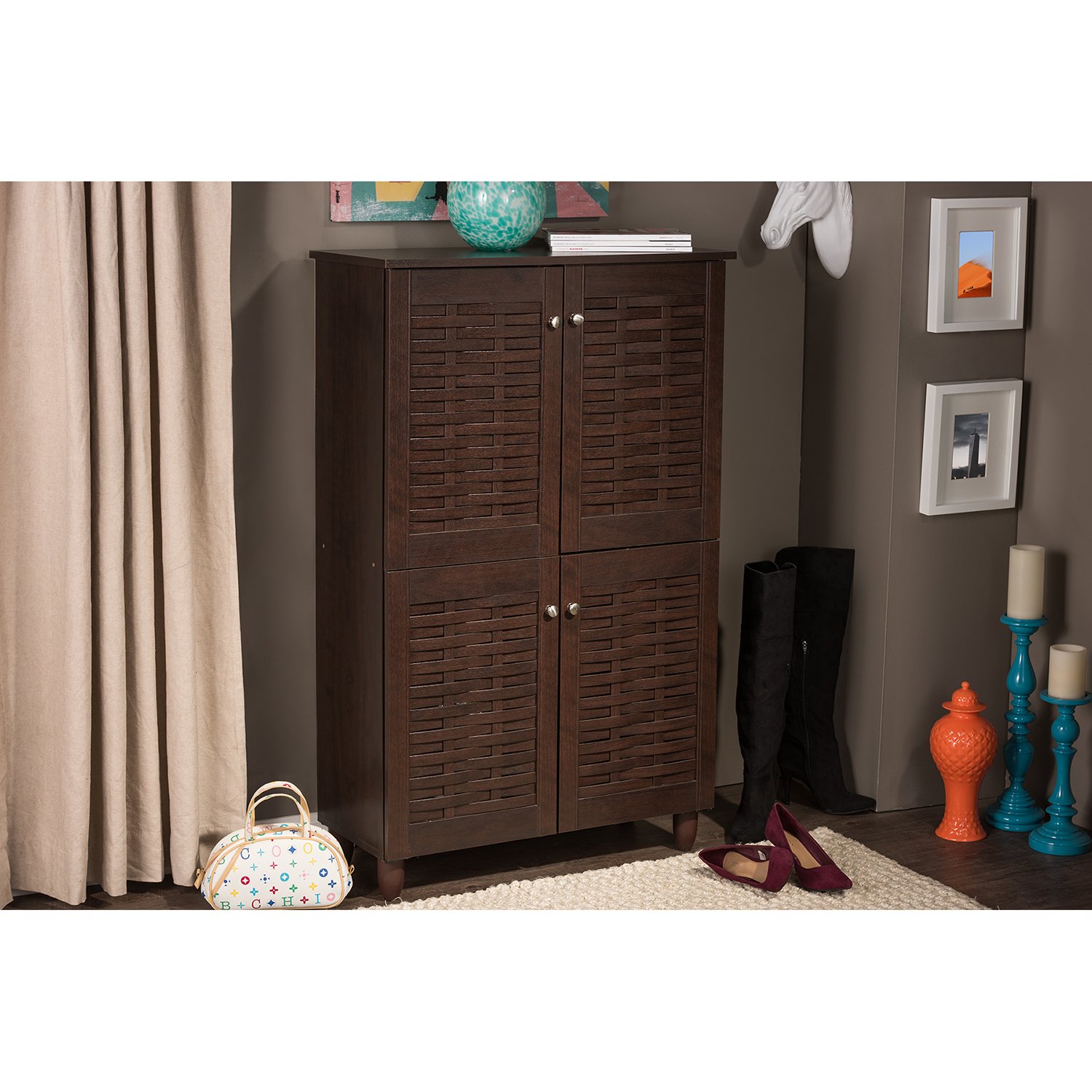 Baxton Studio Winda 4-Door Shoe Storage Cabinet, Dark Brown (118-6515-HiT)