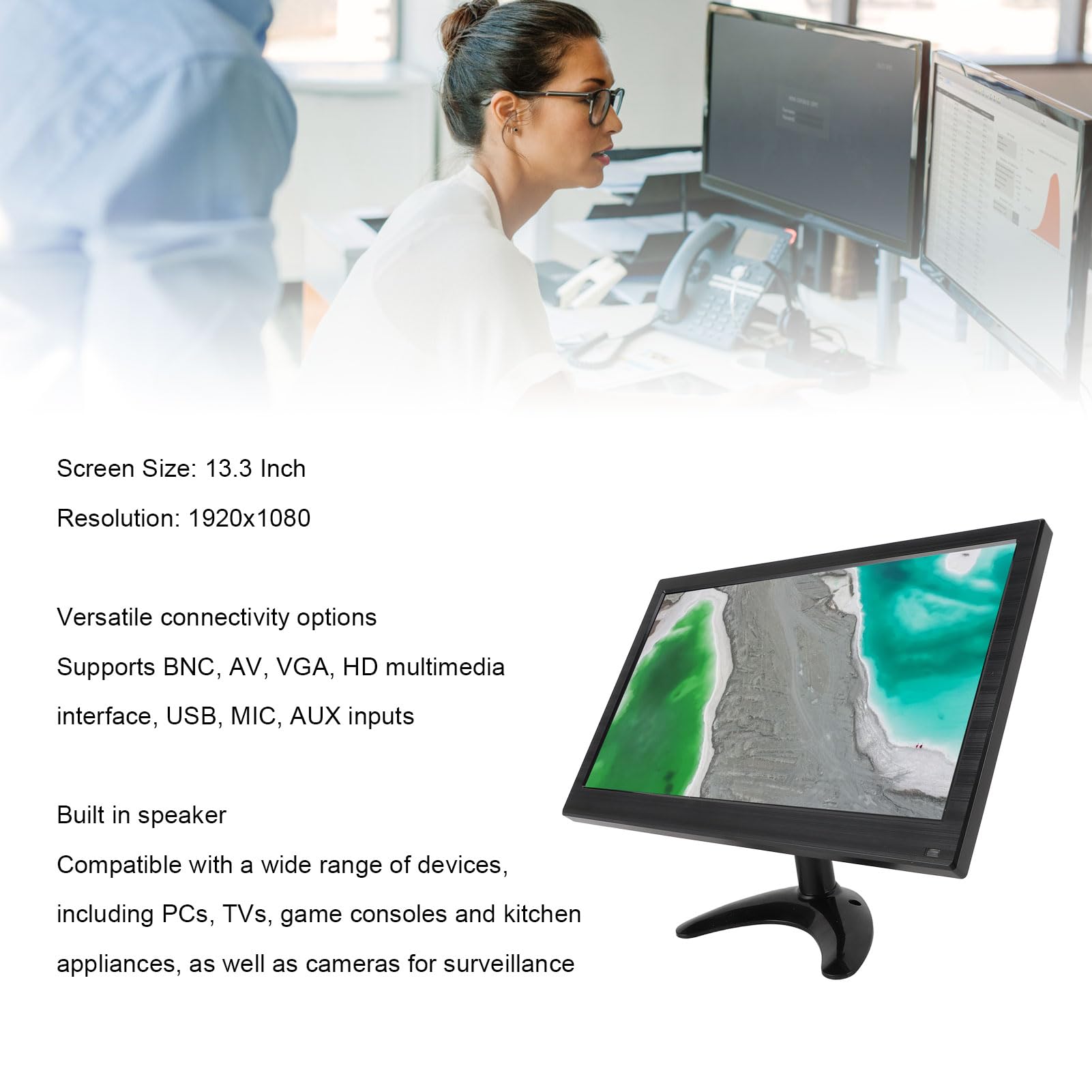 13.3 Inch Display, 1920x1080 Resolution, BNC AV VGA USB MIC AUX HD Multimedia Interface PC Display Screen with Built in Speaker, Ideal for RasPi, TV, Home, and Professional Use