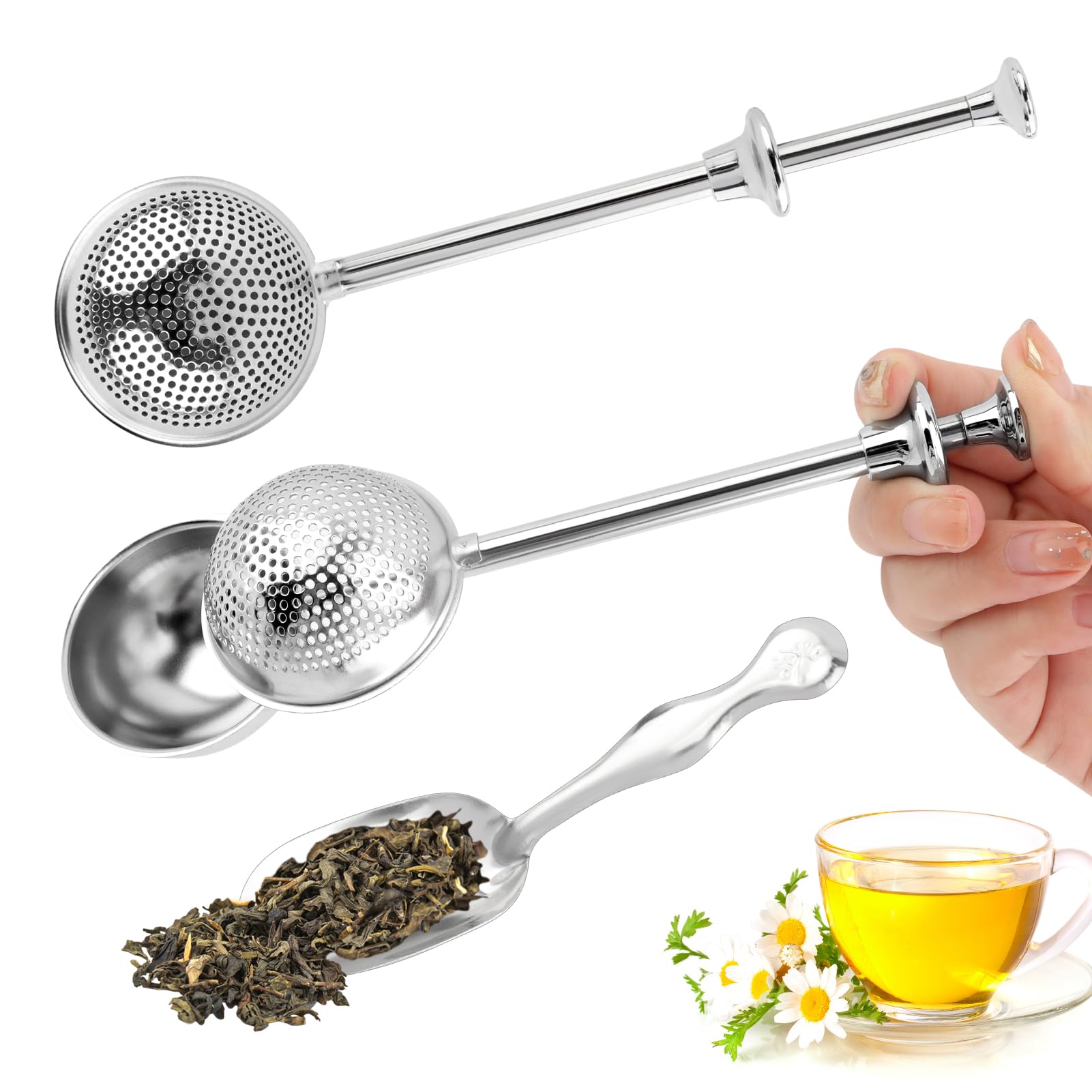 2pcs Tea Infuser with Spoon, Stainless Steel Fine Mesh Ball Filter with Handle and Spoon Loose Leaf Tea Infuser (Sliver)