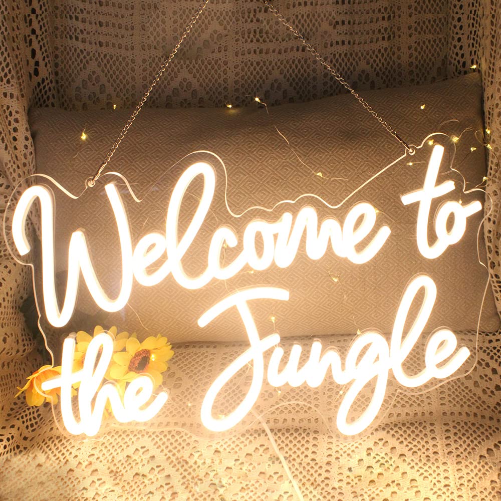 Bienvenue dans la jungle LED néon Lumières néon blanc chaud pour décoration murale USB panneau lumineux pour jardin maison portique magasin fête de Noël salon bar décoration (41,9 x 27,9 cm)