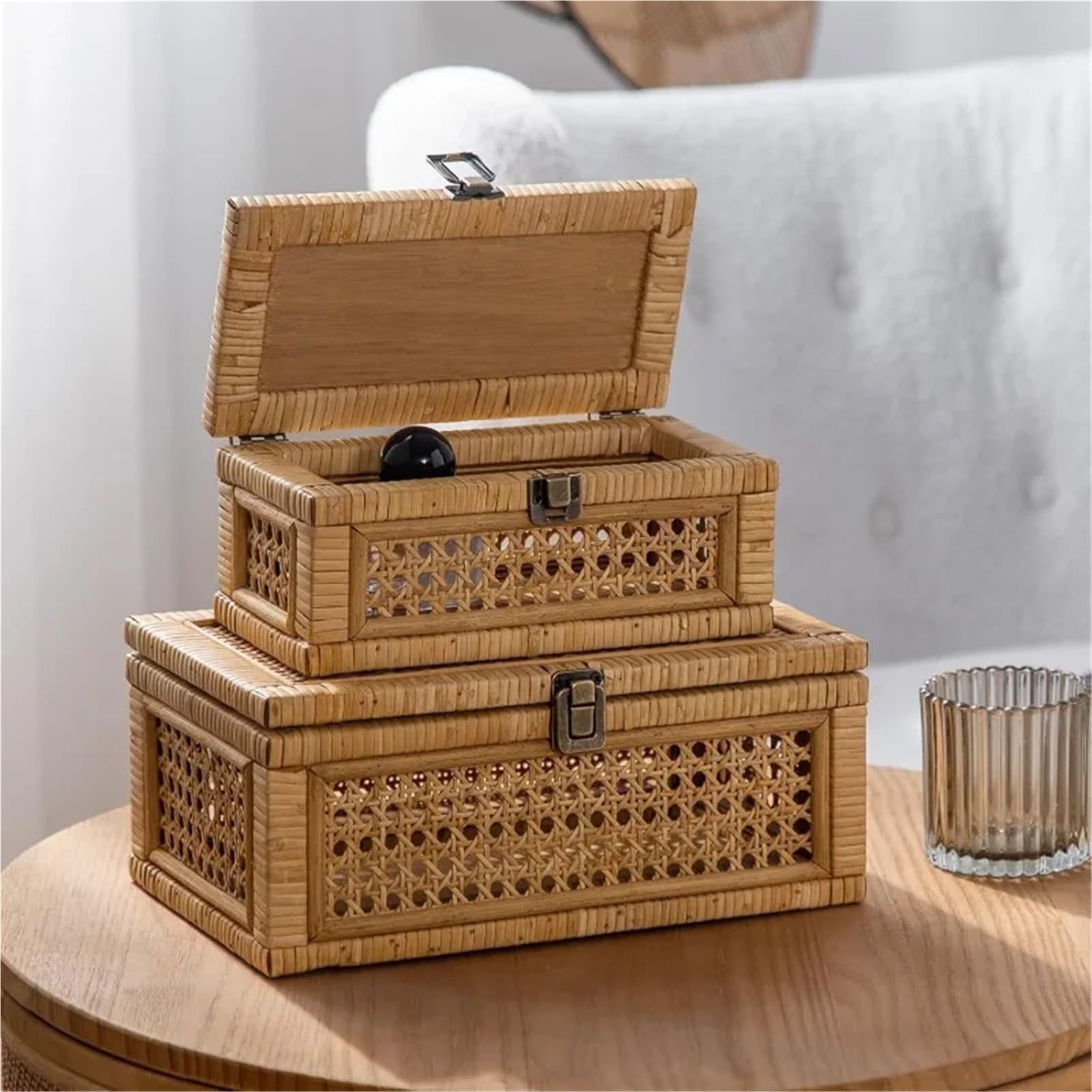 Cesta in rattan Scatola decorativa in rattan, scatole espositive con coperchio, set di 2 cestini portaoggetti rettangolari in vimini, contenitori in canna intrecciata(Round-Brown)