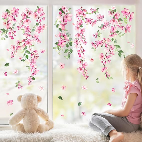 Cherry Blossom Flowers Window Stickers Summer Pink Branch Window Decals