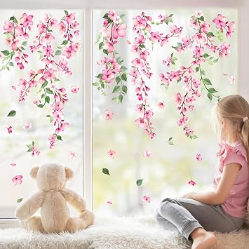 Cherry Blossom Flowers Window Stickers Summer Pink Branch Window Decals