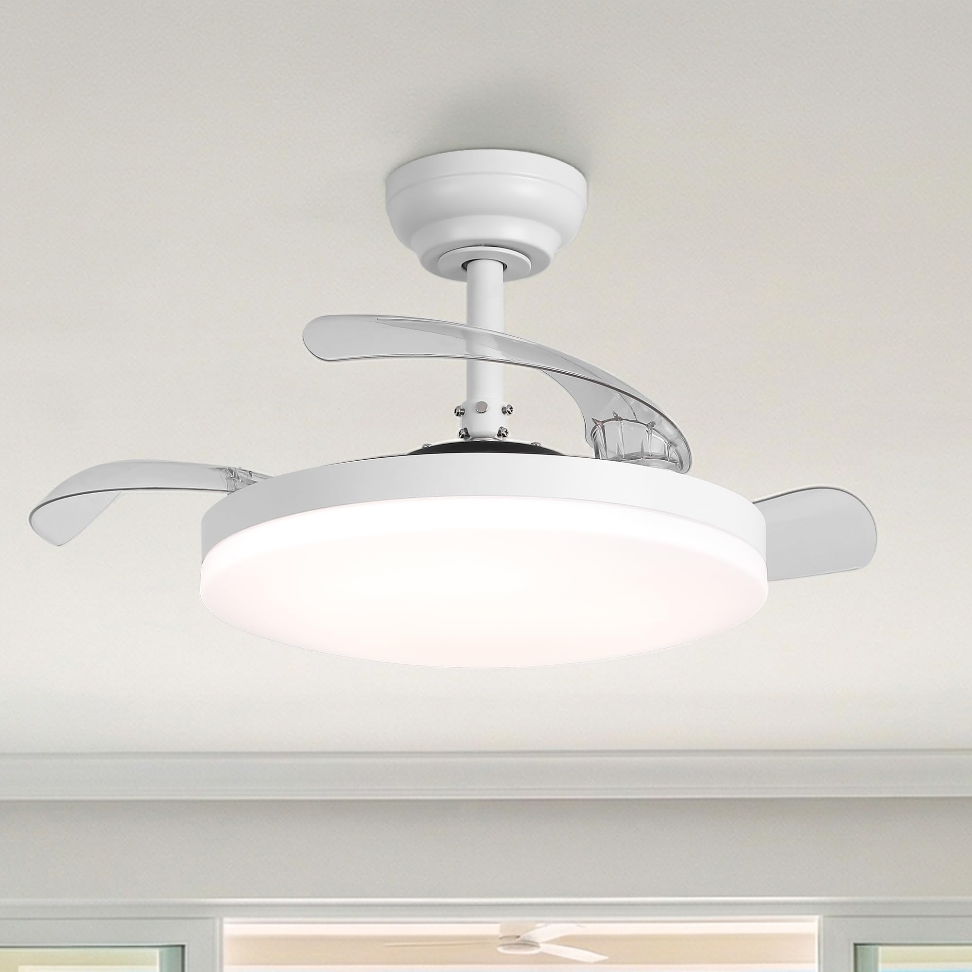 Parrot Uncle Ceiling Fan with Light and Retractable Blades, 106 cm, 36 W, 3 Transparent Blades, Quiet DC Motor, Summer and Winter Mode, 6 Speeds, Programmable, Remote Control, White