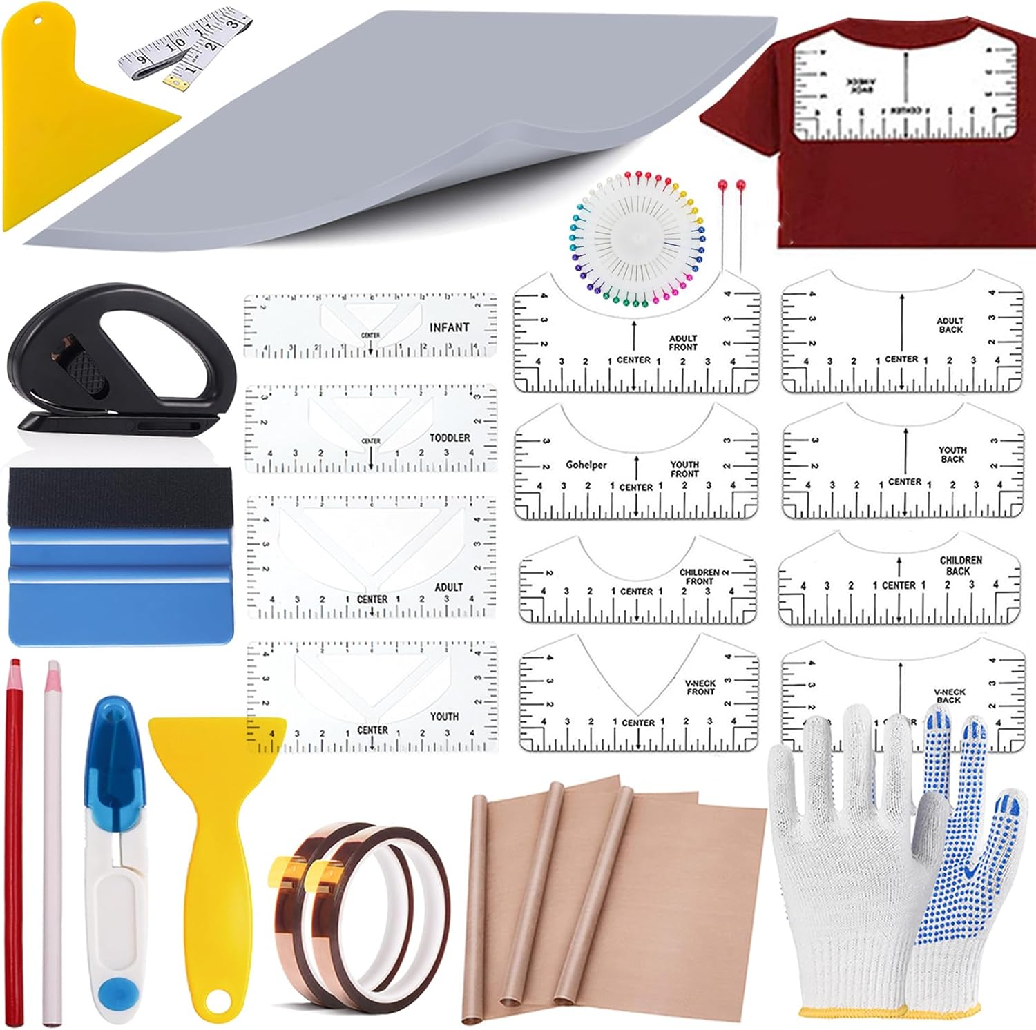 67 Pcs Sublimation Shirts Tool Kits for Vinyl Alignment,Heat Press Mat Pad Silicone,T-Shirt Rulers Guide and Teflon Sheet for Cricut Heat Press HTV Vinyl Center Designs,Craft Sewing Accessories