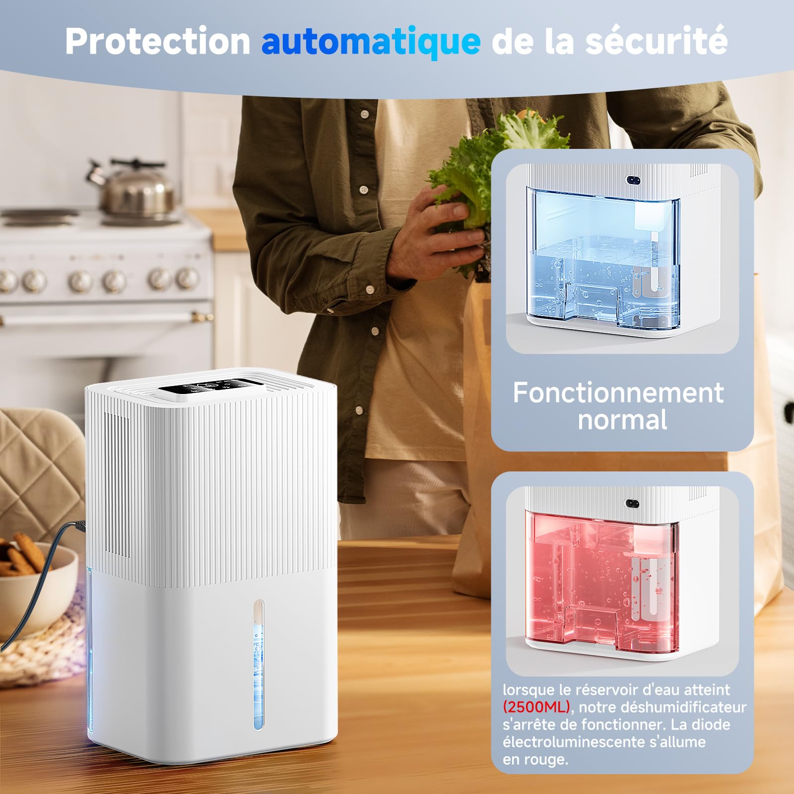 Déshumidificateurs électriques 2,7 L pour la maison, déshumidificateur pour chambre, silencieux et à commandes tactiles. (gris1150 ml/24 h)