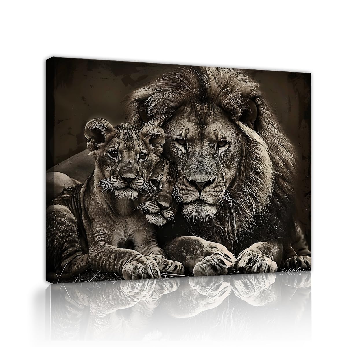 YUNART Lion and Cub Wall Art Canvas Prints African Wildlife Animals Painting Lion Family Poster for Living Room Office Decor Framed 65x85cm Innerframe