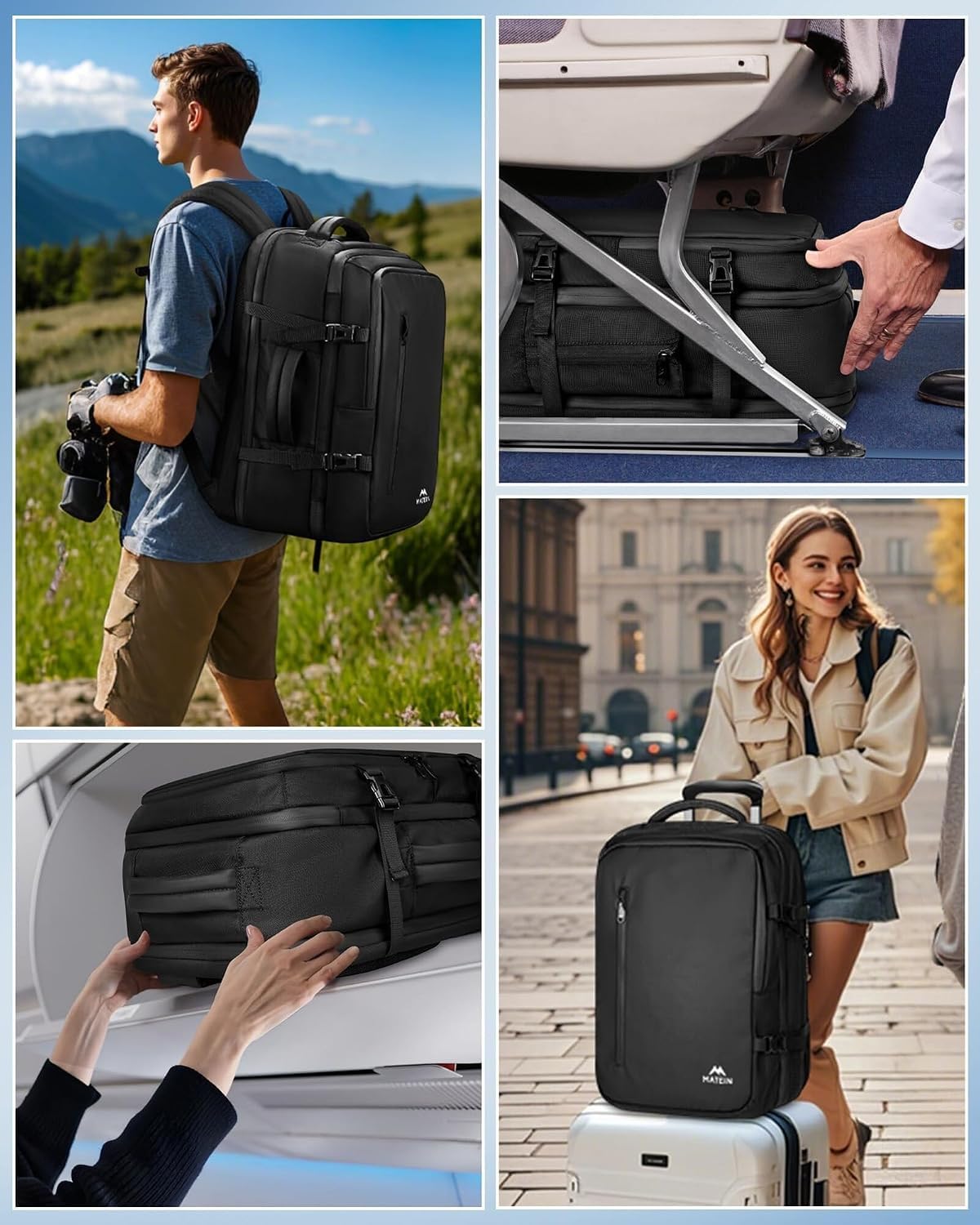 MATEIN Plecak próżniowy do bagażu podręcznego EasyJet 45 x 36 x 20 | wodoszczelny, do samolotu, dla kobiet, na laptopa o przekątnej ekranu 17,3", plecak szkolny pracy, podróży, czarny