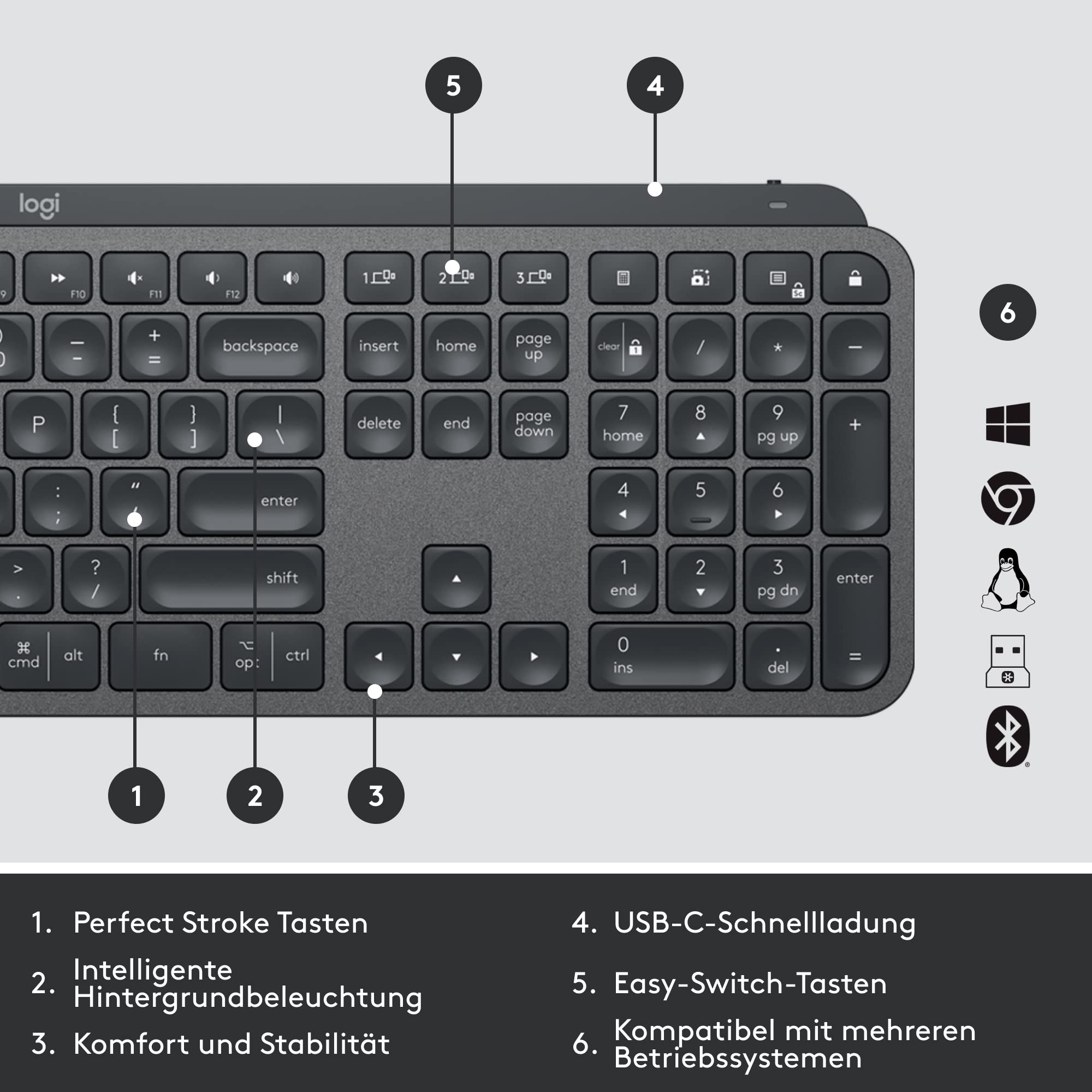 Logitech MX Keys for Business kabellose Tastatur mit Tastenbeleuchtung, leise Tasten Perfect Stroke, Logi Bolt, Bluetooth, wiederaufladbar, Windows/Mac/Chrome/Linux, Deutsches QWERTZ-Layout - Graphit