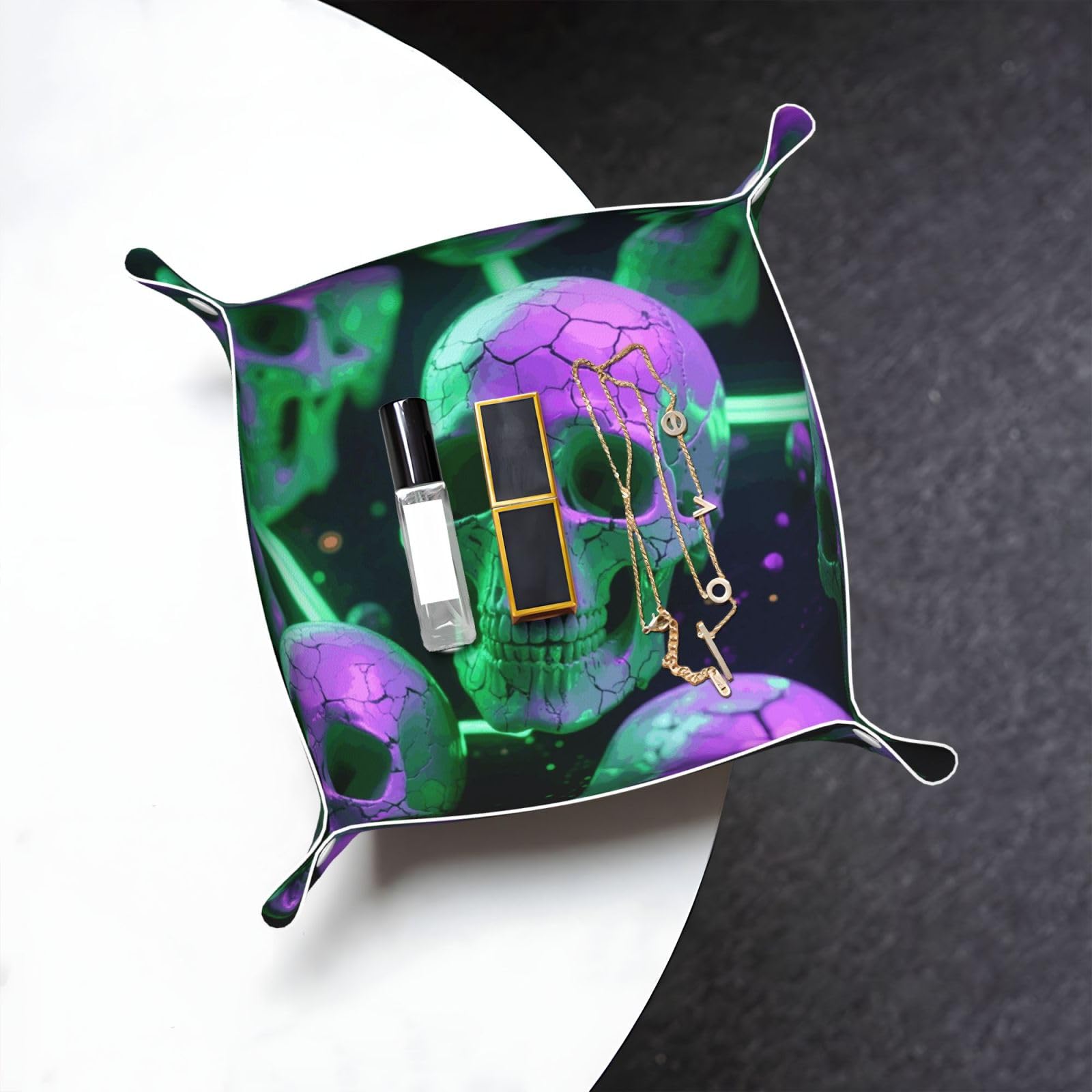 Green Purple Skull Valet Tray Organizer Pu Leather Travel Catchall Tray Organizer Portable Jewelry Tray Storage Keys Tray for Entryway Table Coins Watches Candy
