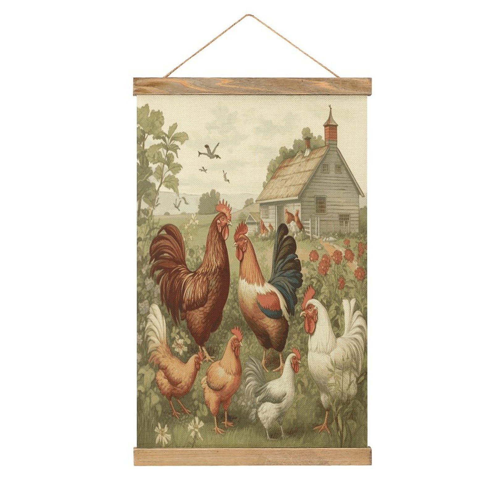 FekiLoot Chickens And Farm Wall Art Poster Hanger Frame Linen Wall Art Decor Vintage Hanging Poster Hanging Wall Decor Rustic Retro Wall Art Print for Living Room Decor 20.4 X 13.1Inches