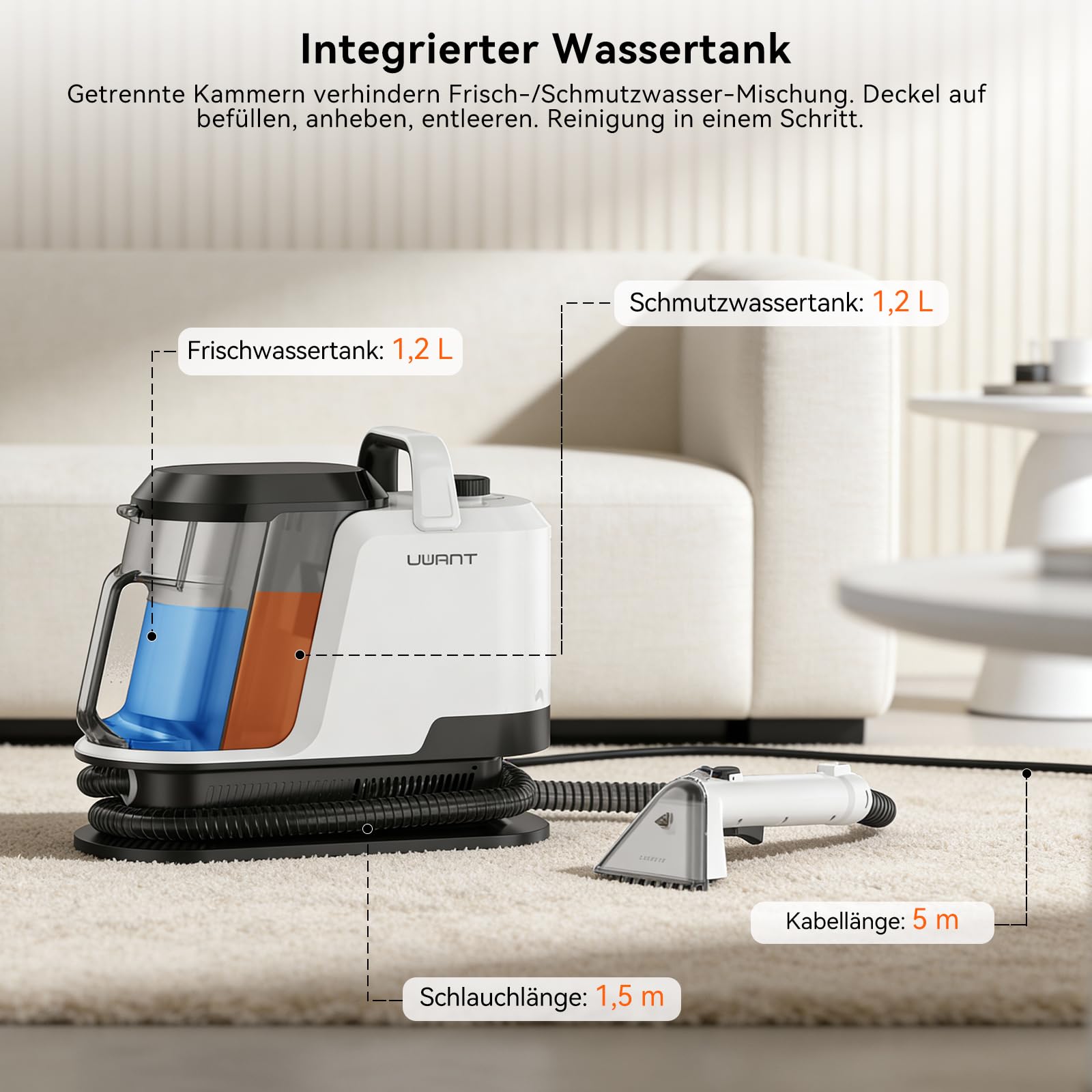Uwant Y100 Steam Polsterreiniger Gerät, 3-in-1 Nasssauger für Sofa, Teppich und Auto mit 18KPA, 100°C Heißdampf, 65°C Heißwasser, Kaltwasser. Selbstreinigung, Multi-Bürstenkopf & 500ml Teppichreiniger