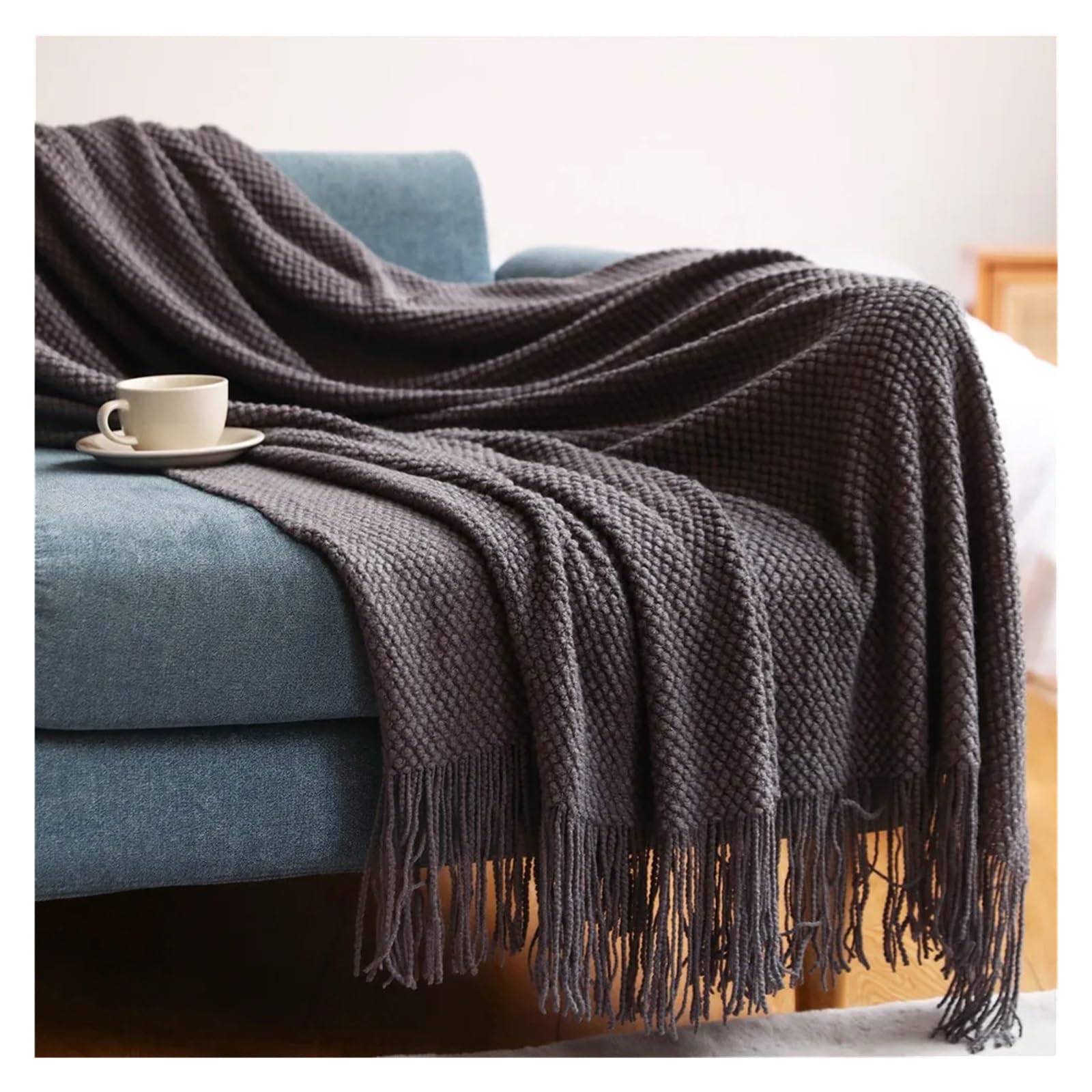 GCYEIDMA Throw Blanket Corn Grain Embossed Knitted Blanket Home Decorative Thickened Winter Warm Tassels Throw Bedspread 130x240cm(Color7)