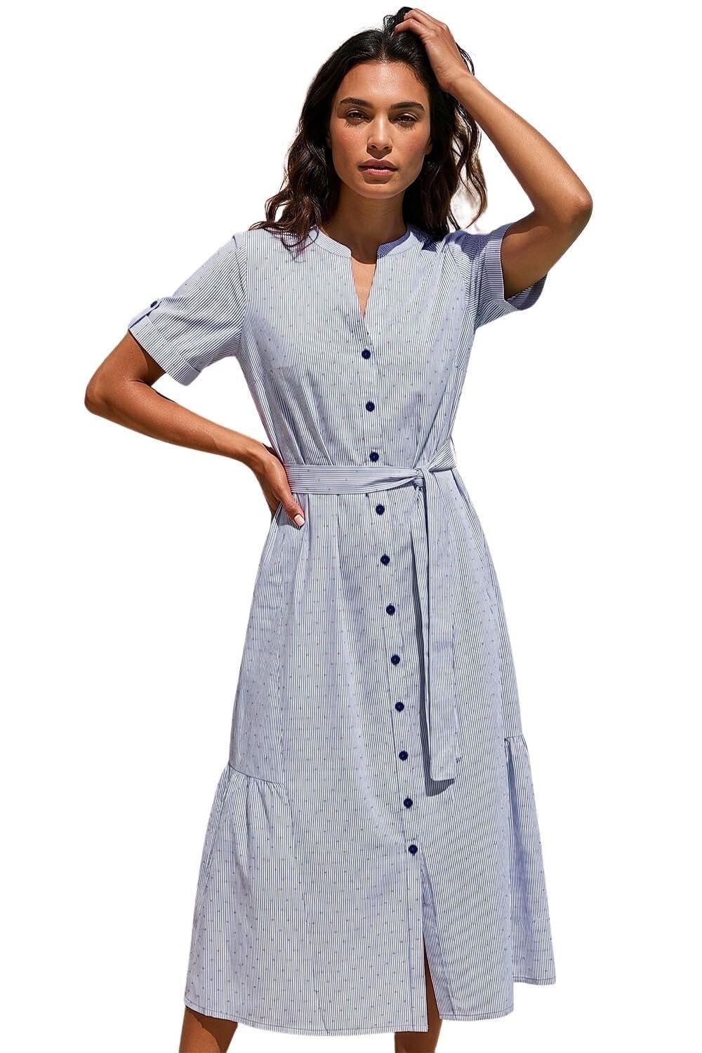 Roman Women's Blue Stripe Tie Waist Midi Dress In Size 20