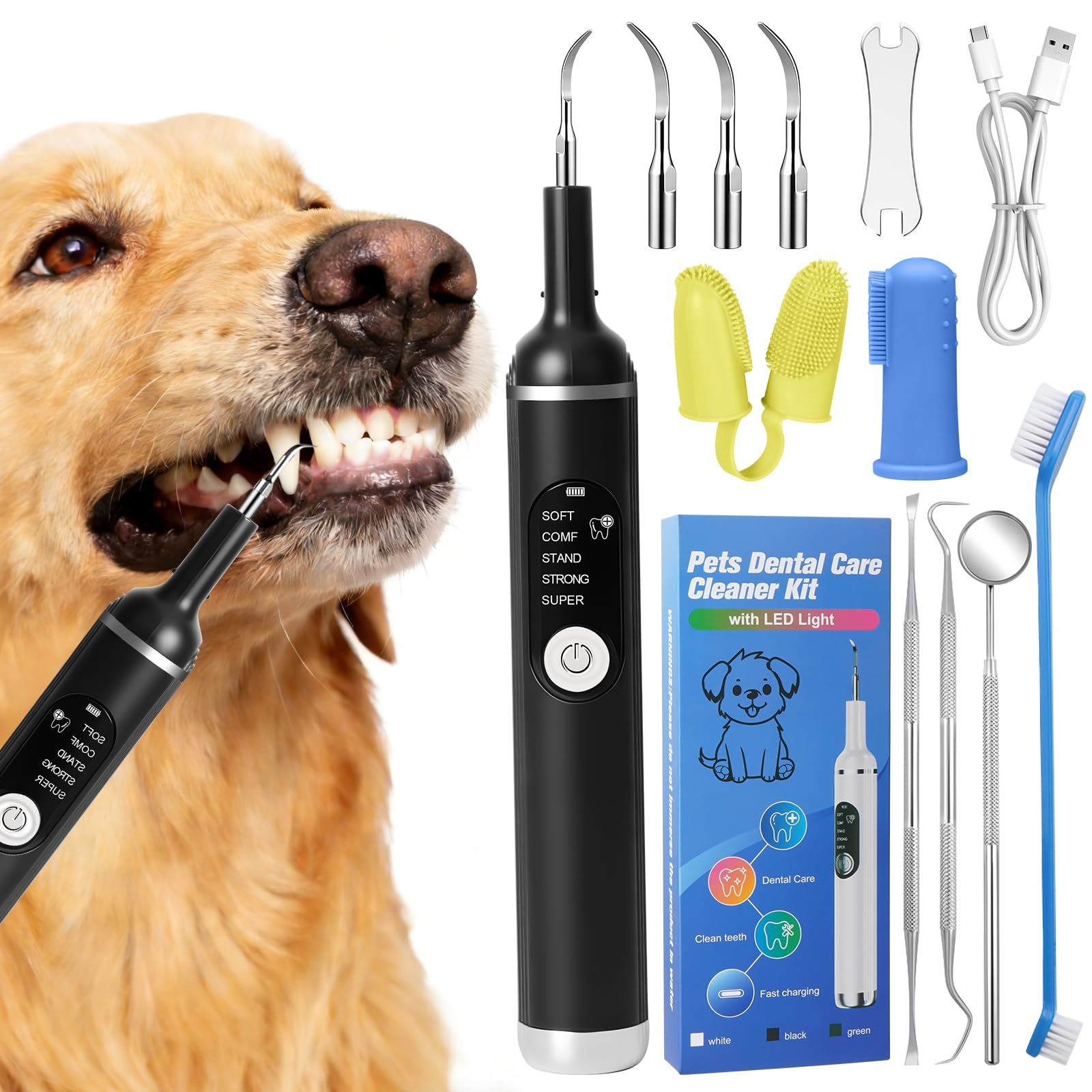 Limpiador Dental Ultrasónico para Perro y Gato, 5 Modos de Limpieza y 4 cabezales de limpieza, Kit de Limpieza de Dientes de Perro, Cepillo de Dientes para Cuidado Dental para Dientes y Gatos