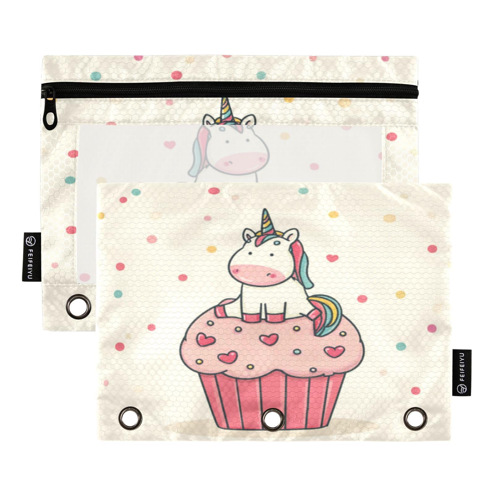 Cute Cakes Unicorn (4) Pencil Pouch for 3 Ring Binder 2 Pack Binder Pouches Clear Window Zipper Pencil Case Cosmetic Bags Organizer College for Kids School Office