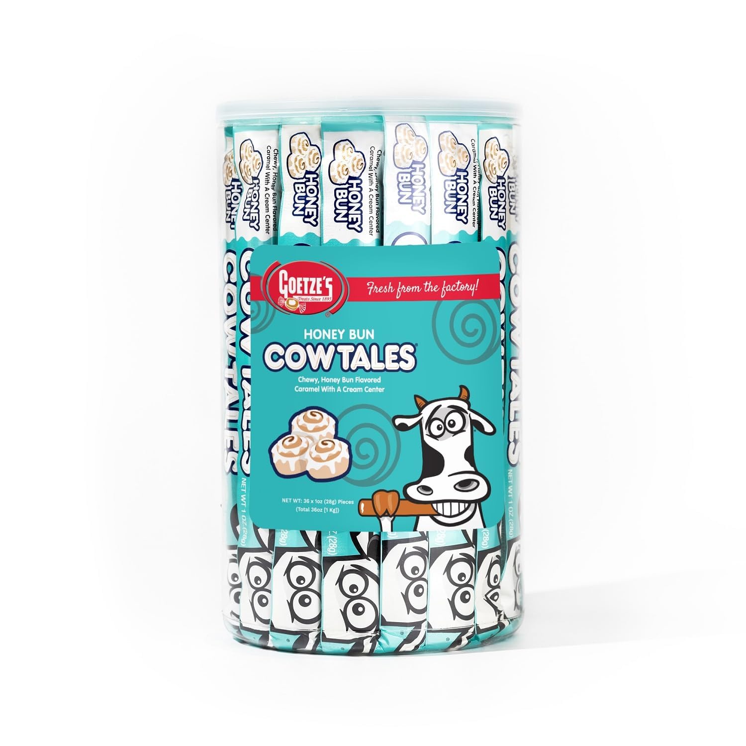Goetze's Candy Honey Bun Cow Tales - 2.25 Pound Canister (36 Ounces) - Fresh from the Factory
