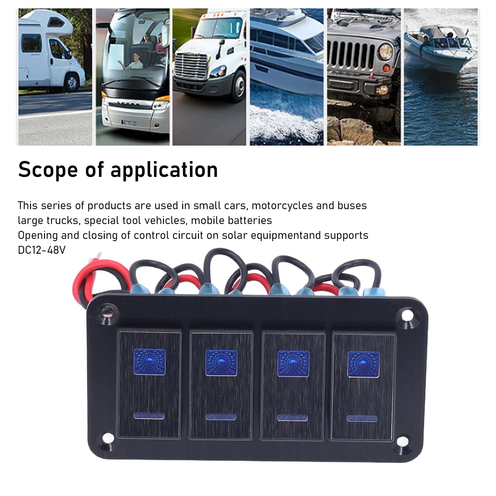 4-Gang-Wippschalter-Panel-Kippschalter mit LED-Hintergrundbeleuchtung, Schutzart IP65, für Motorboote, Autos, LKWs, Yachten, Schwarzes ABS-Material