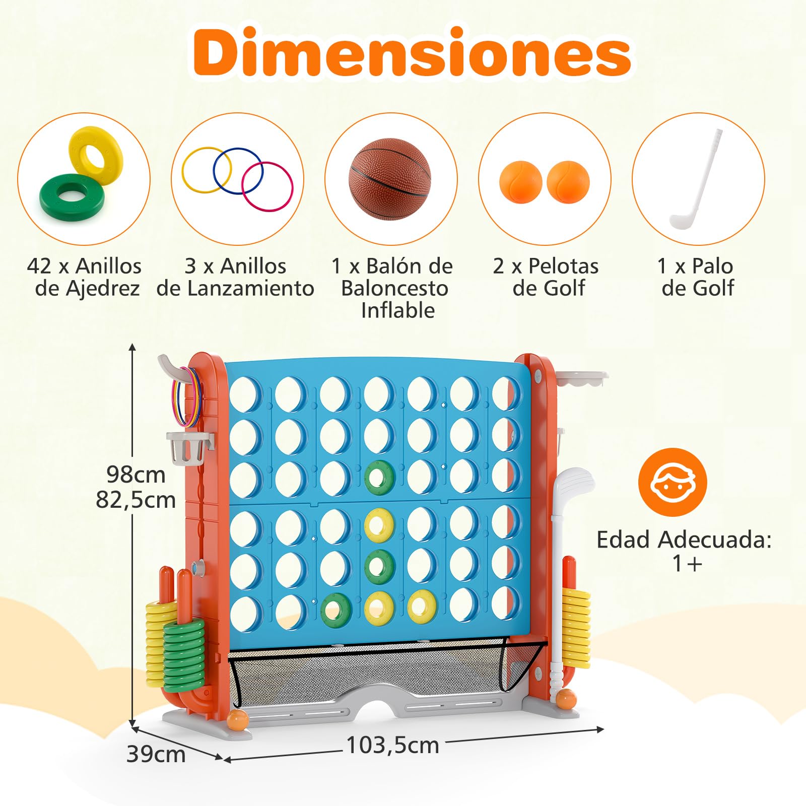 COSTWAY Juego Gigante 4 en Raya, 4 en 1 Juego de Conecta 4 Gigante con Lanzamiento de Aros, Aro de Baloncesto, Palo de Golf, Portavasos y Bolsa de Almacenamiento, 4 Alturas Ajustables (Azul)