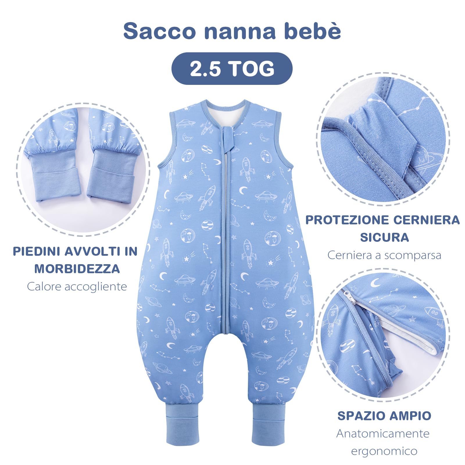 ToyaTec Sacco nanna con piedini, 2,5 Tog, super morbido, realizzato in rayon di bambù, per bambini, in fibra di bambù, per l'inverno, per l'autunno e l'inverno, Blu, 100cm (3-5 Jahre)