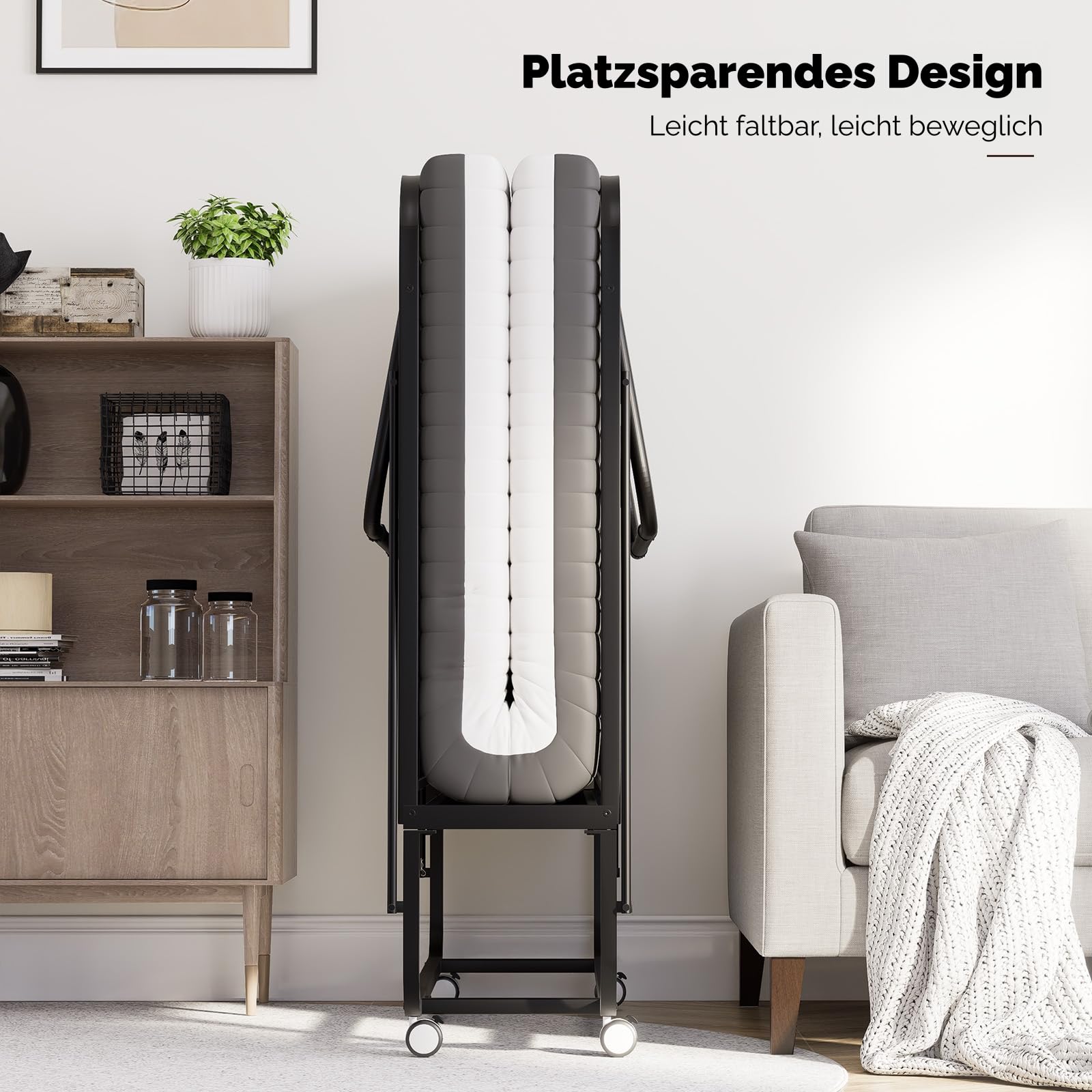 Klappbett 80x190 cm Erwachsene mit ca.13 cm Matratze aus Gedächtnisschaum Gästebett Klappbar Metallrahmen Klappbetten mit Rollen Reisebett Faltbares Metallbett Stabil bis 210 kg belastbar