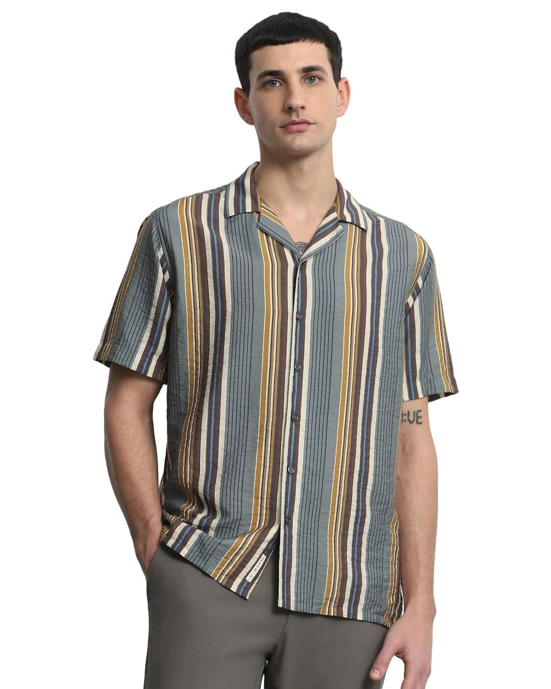 Green Vertical Stripes Camp Shirt-image-1