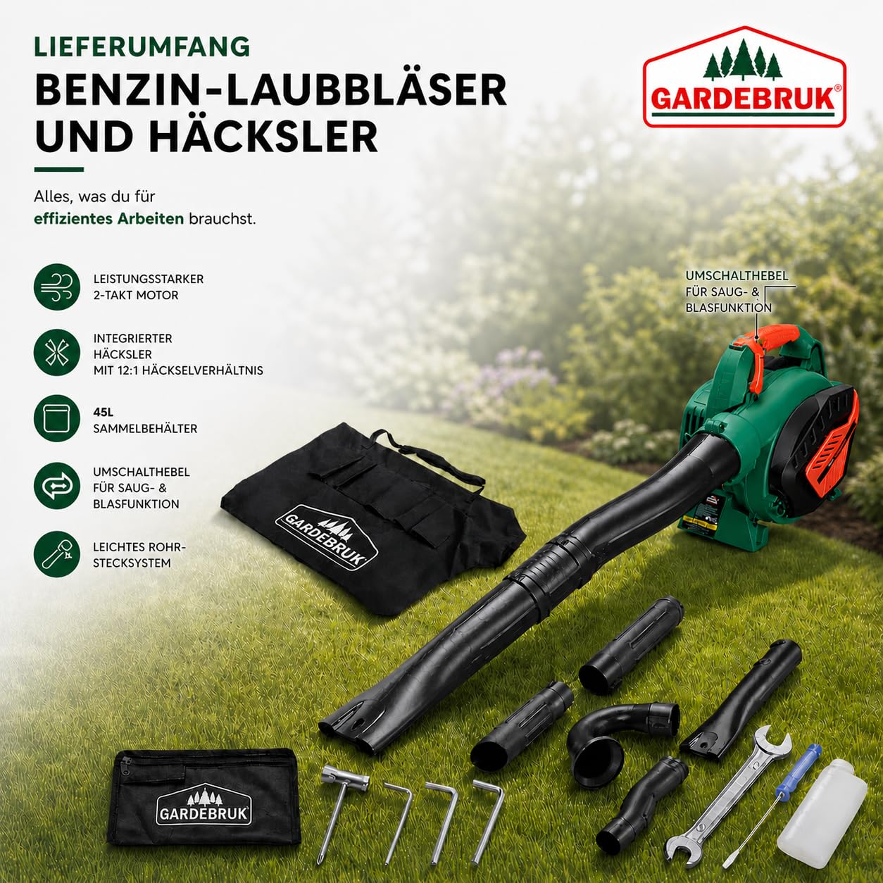 GARDEBRUK® Laubsauger 4 in 1 Benzin Blasgeschwindigkeit 68m/s Fangsack 45L inkl Werkzeug Laubbläser Häcksler Gartensauger