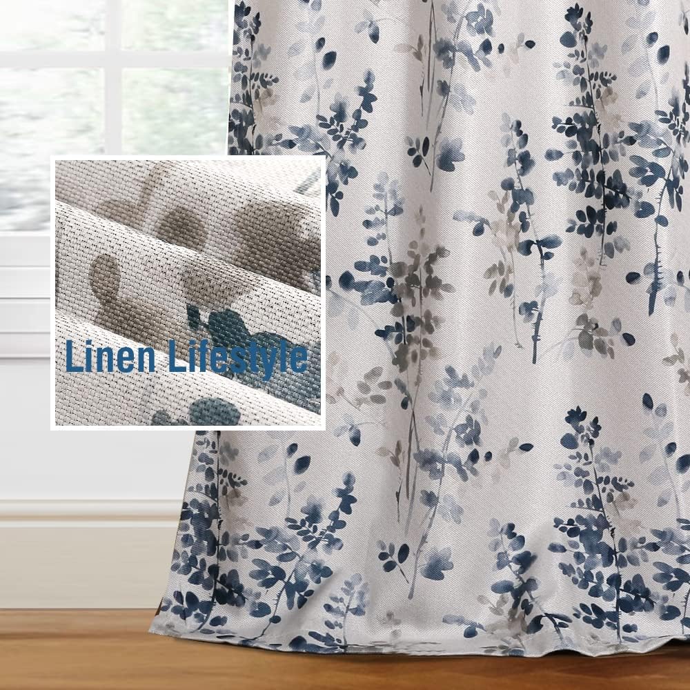 H.VERSAILTEX Linen Blackout Curtains Blue Floral 63 Inches Long Thermal Insulated Curtains for Textured Burlap Grommet Window Curtains for Living Room Bedroom, 2 Panels, Bluestone and Taupe