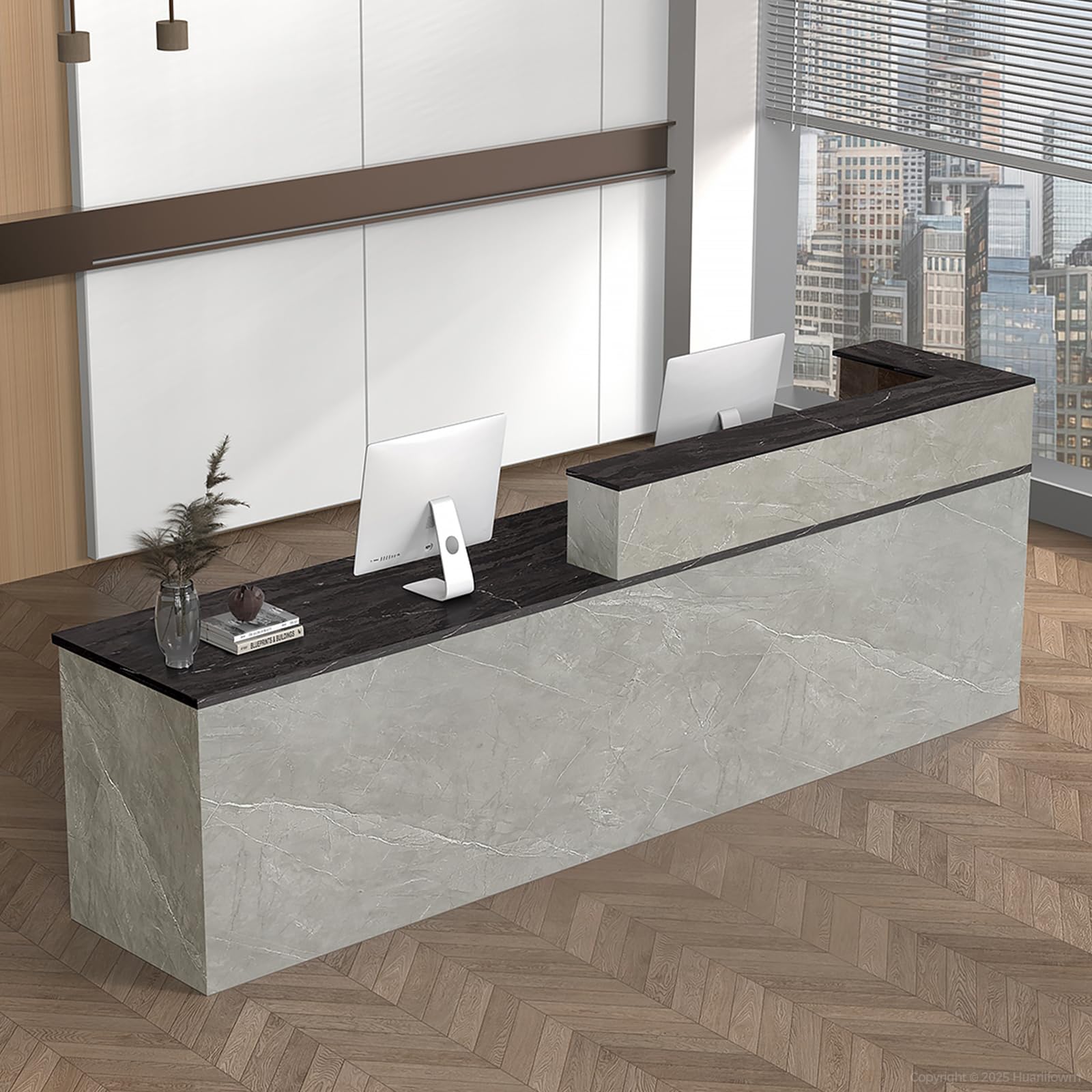 Huariifowm 79" L-Shaped Reception Desk with Counter, Lockable Drawer, Keyboard Tray, Open Shelves and Cable Grommet, Modern Front Desk for Office