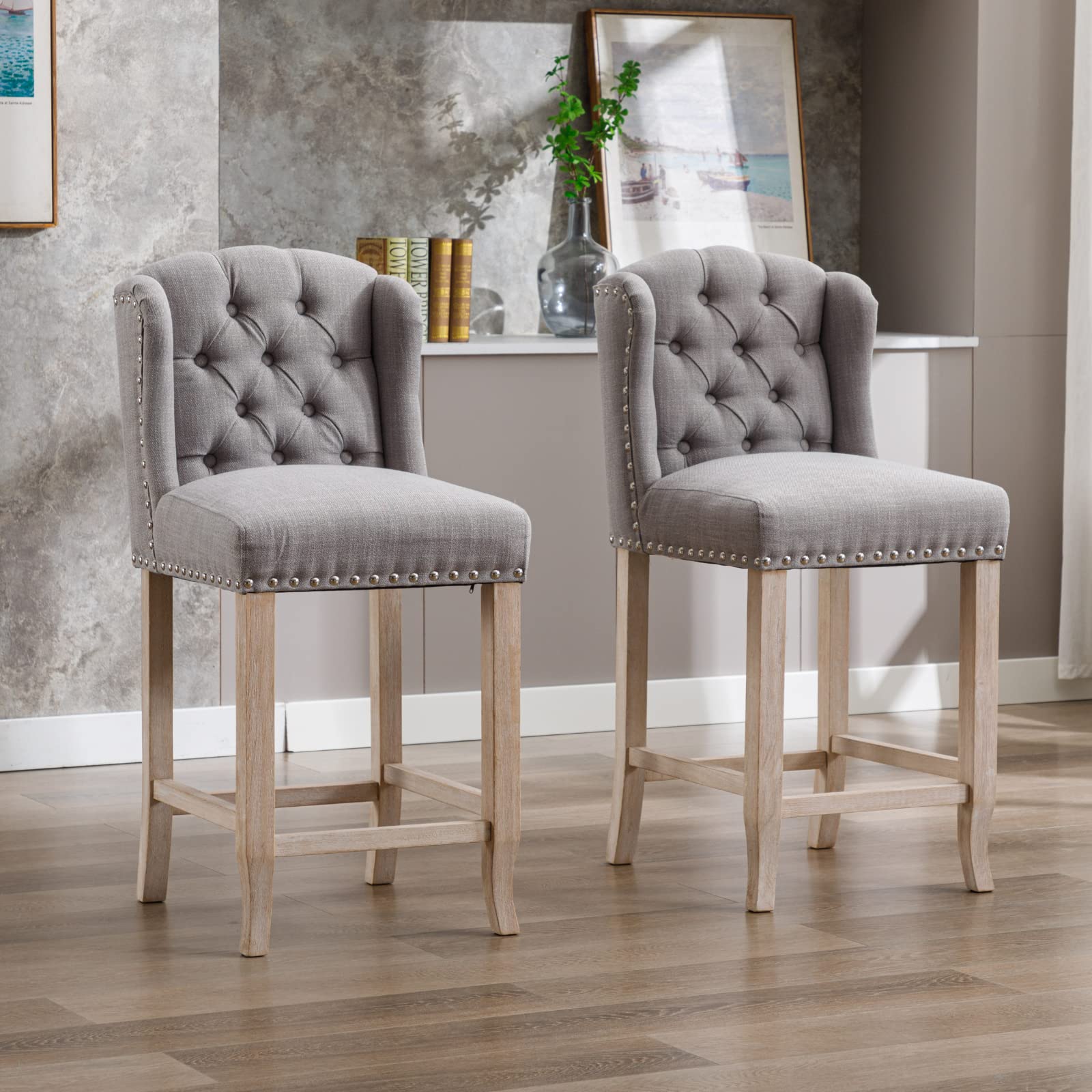 HEAH-YO Modern Counter Stools Set of 2, 26 Inches Counter Height Bar Stools with Backrests, Upholstered Linen Fabric Kitchen Stools with Wood Legs for