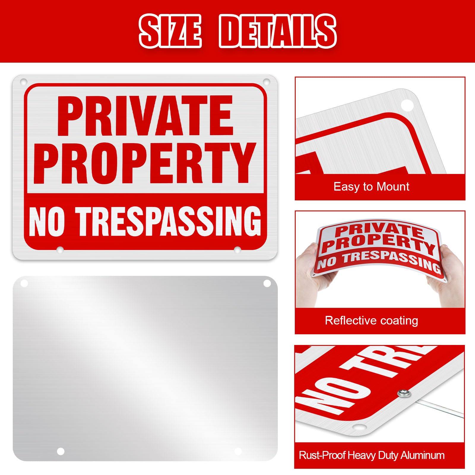 Zonon Lot de 6 panneaux en métal « No Trespassing » - 30,5 x 20,3 cm - Panneaux de propriété privée avec piquet en H réfléchissant en aluminium - Résistant aux intempéries - Pour extérieur - Facile à