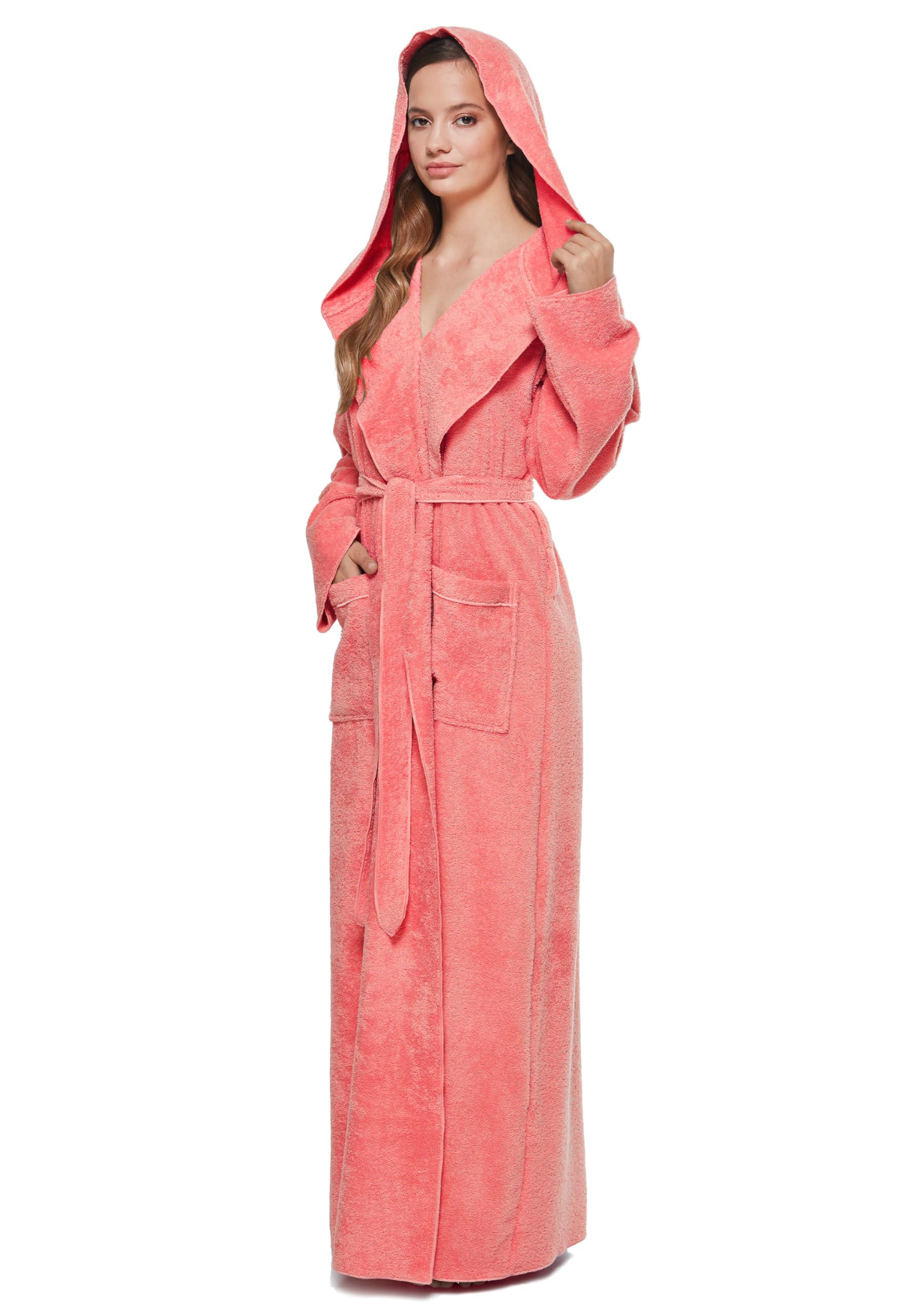 Arus Women's Princess Robe Ankle Long Hooded Lightweight Turkish Cotton Bathrobe, Coral, Large